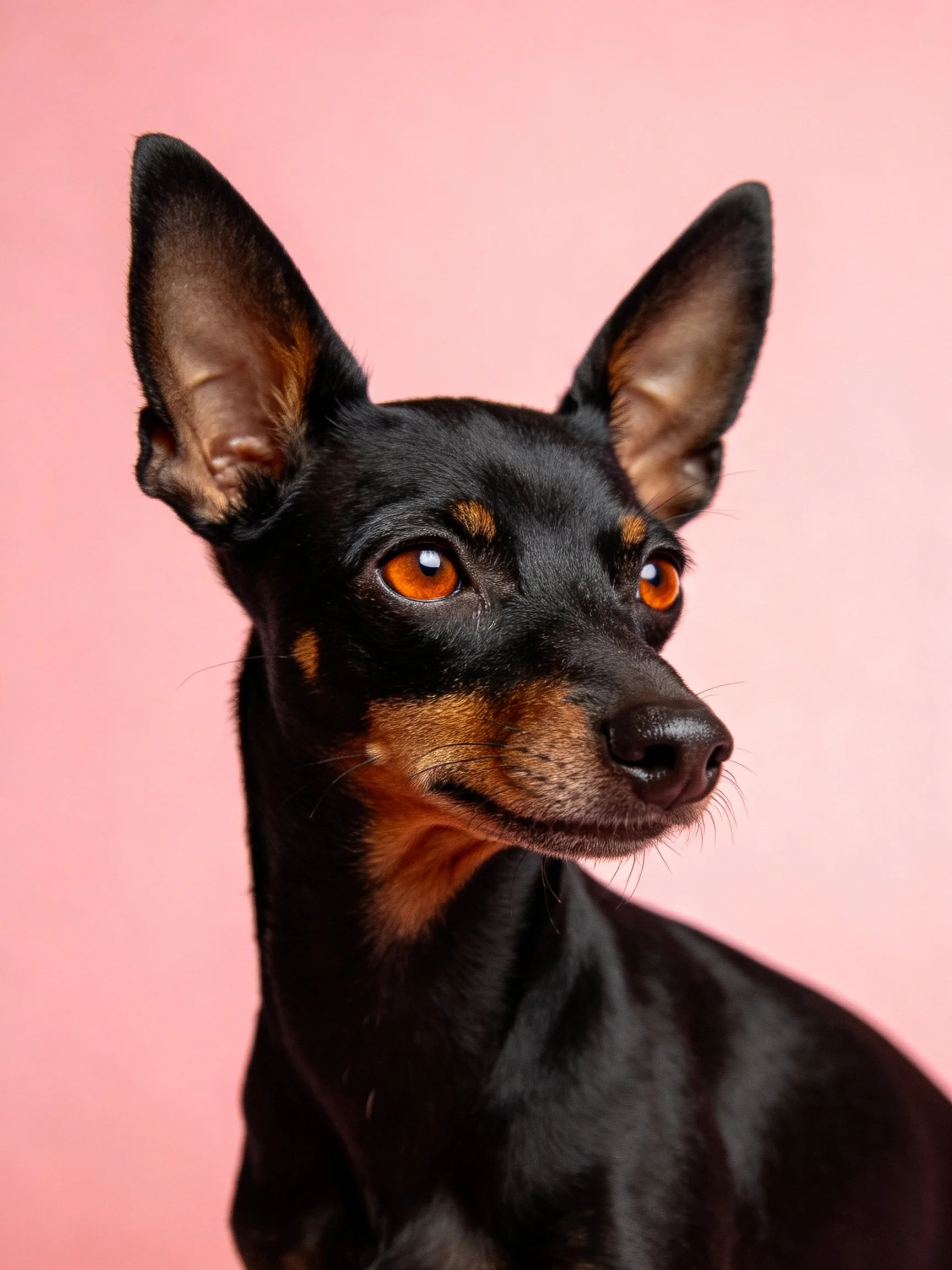 A small black and tan dog gazes attentively against a pink backdrop.