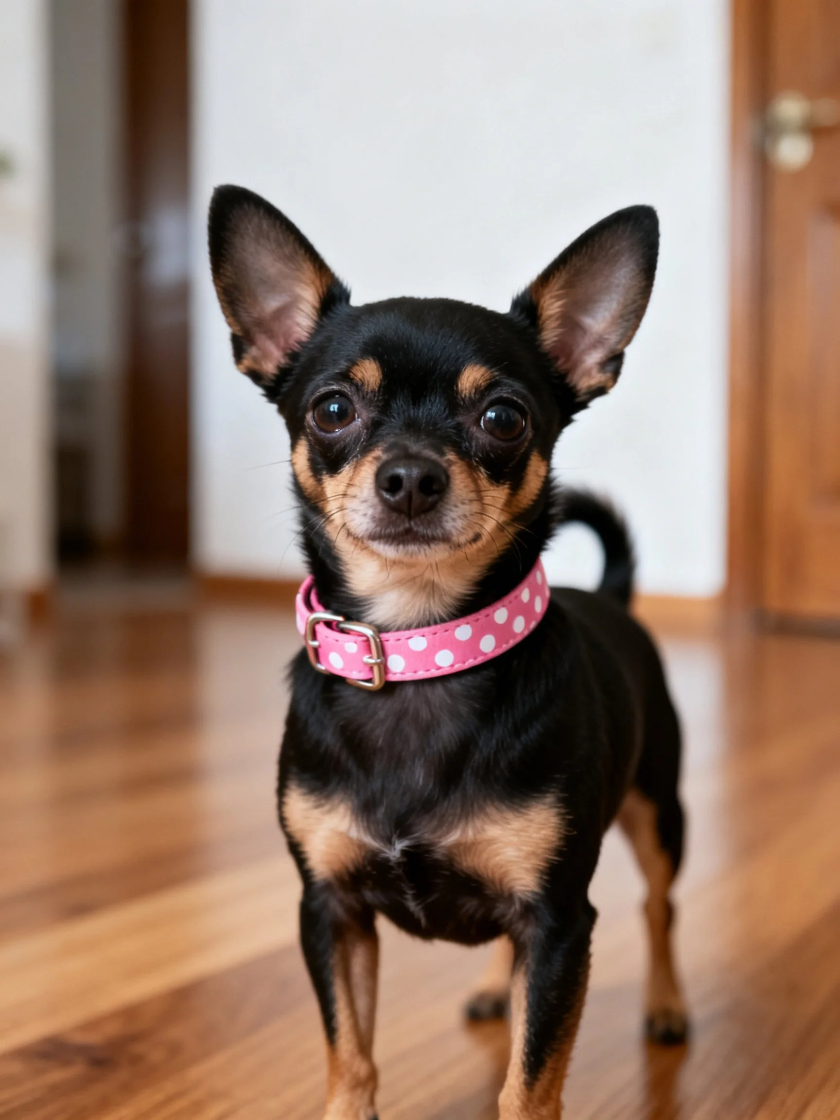 A small dog with a pink polka dot collar stands on indoor wooden flooring.