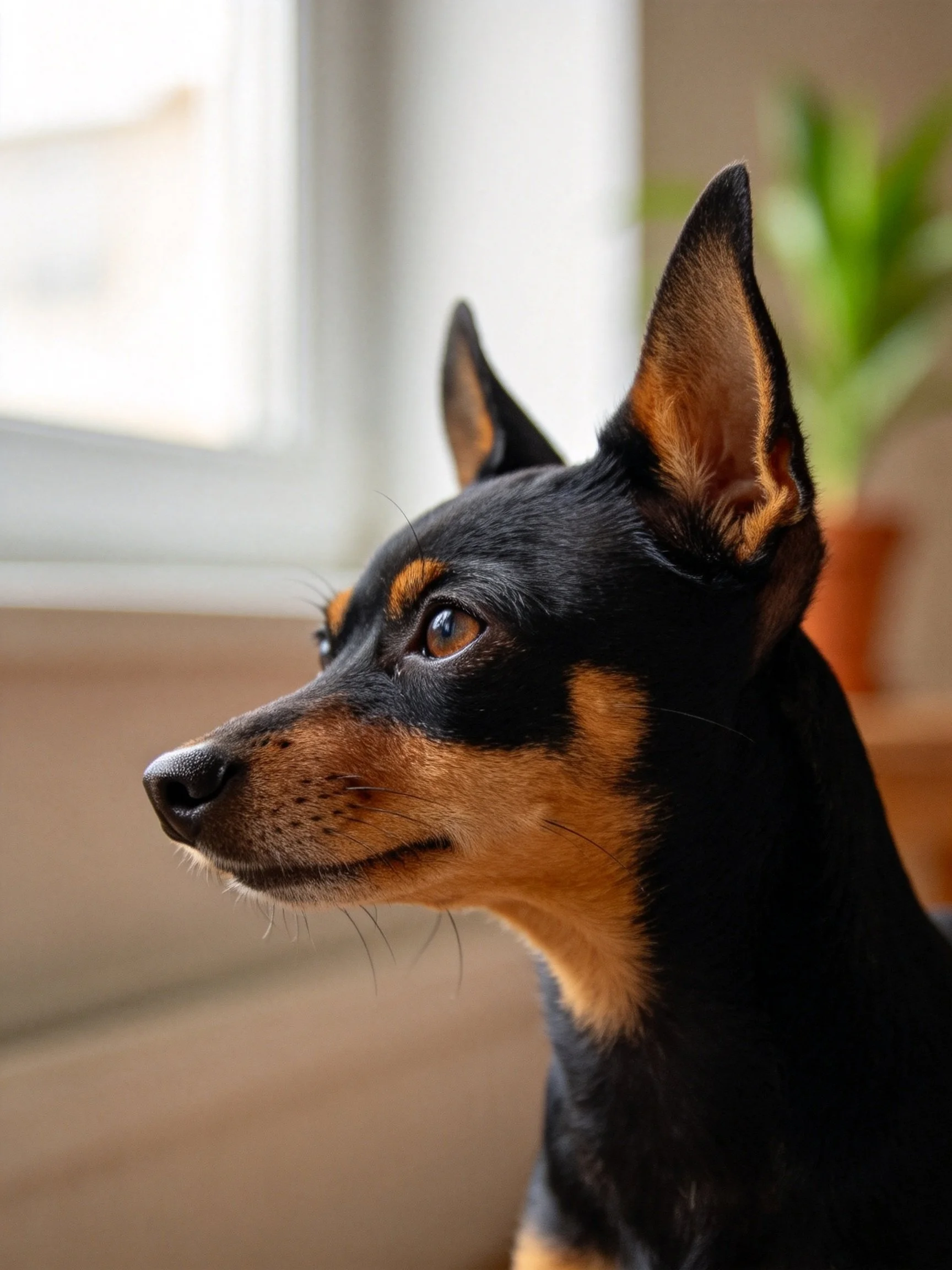 A small black and tan dog gazes attentively toward a bright window.