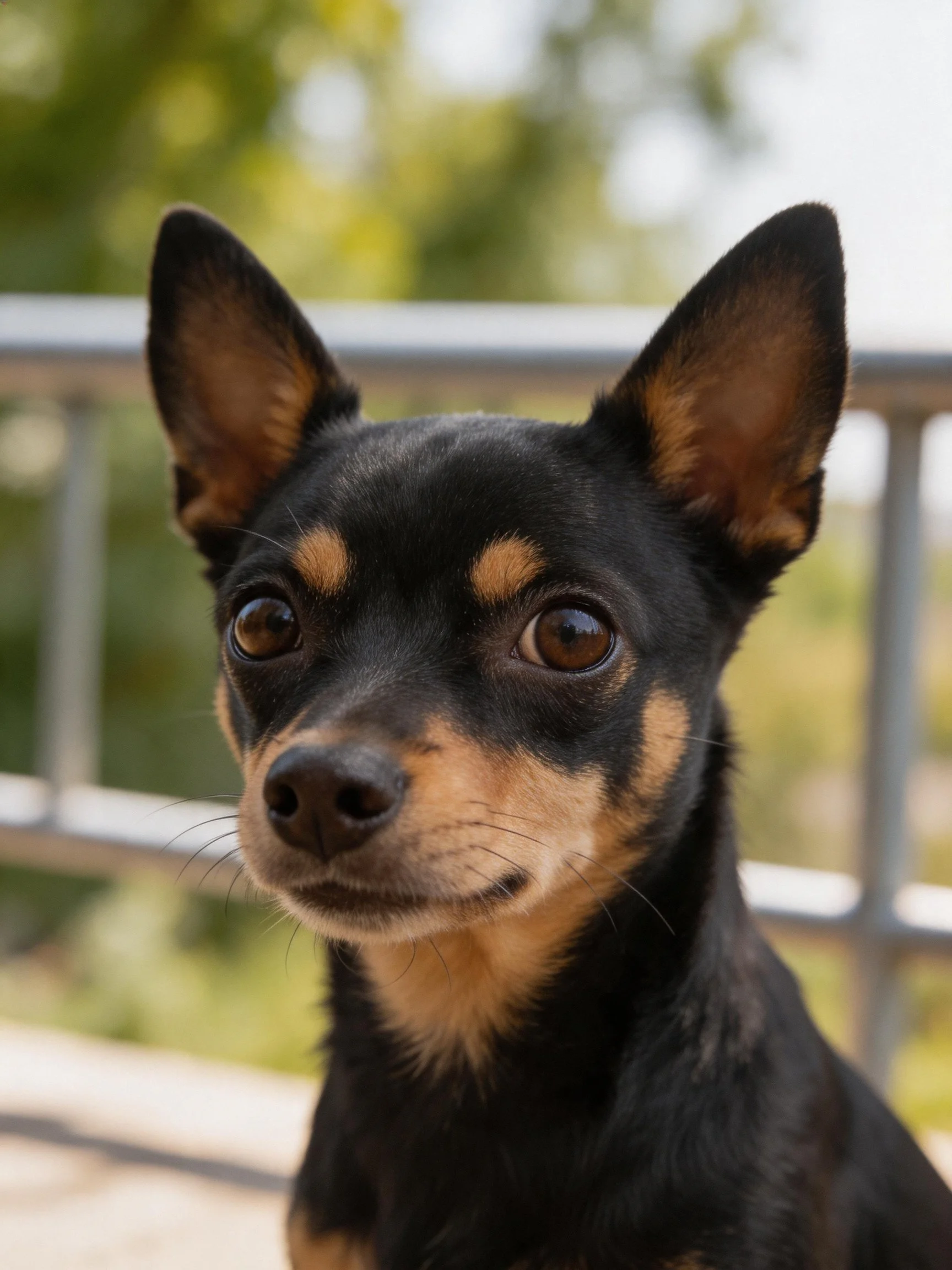 A small black and tan dog looks attentive near an outdoor railing.