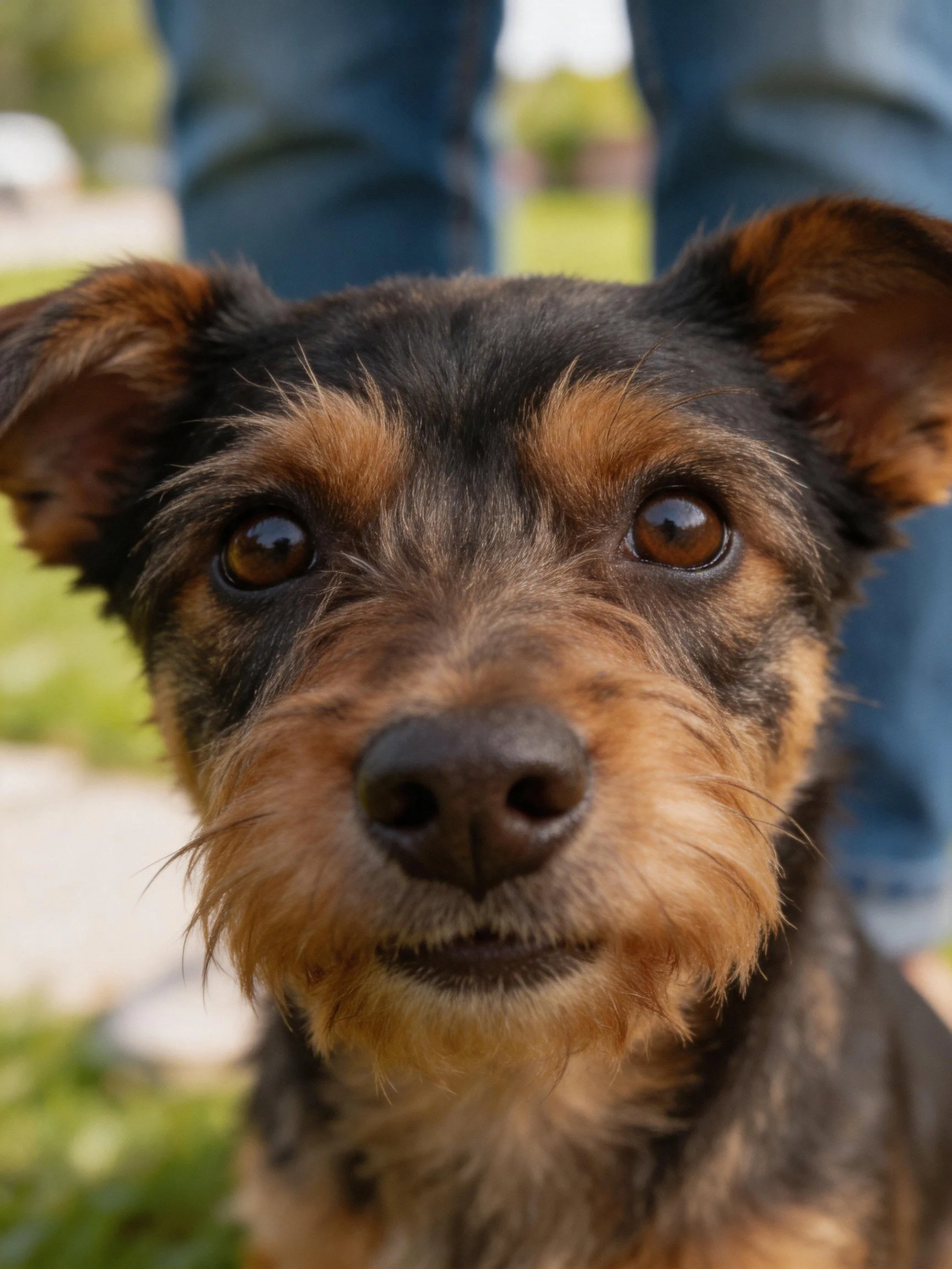 A small black and tan dog is photographed near someone in jeans outdoors.