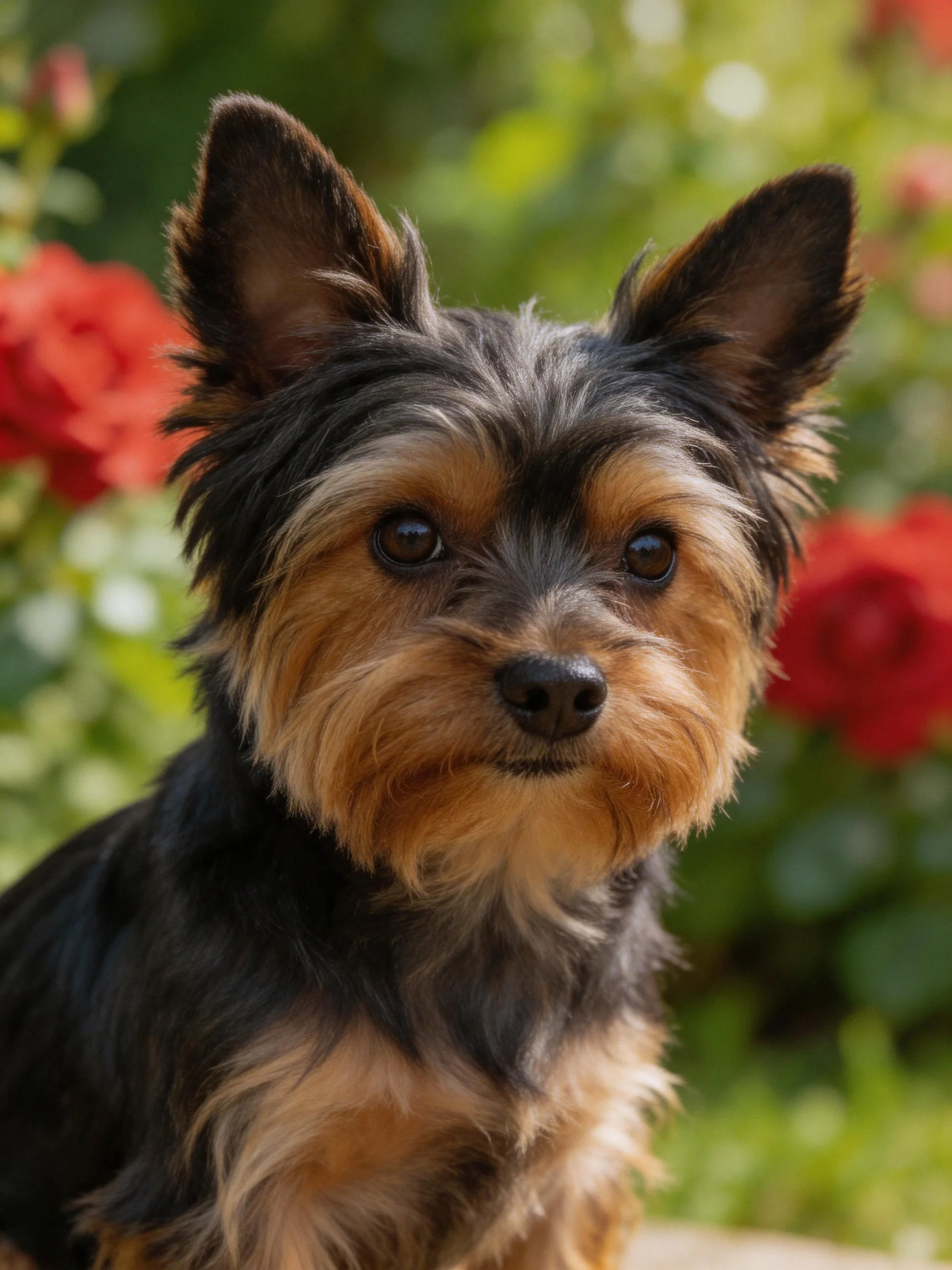 A small black and tan dog stands near red flowers in a garden.
