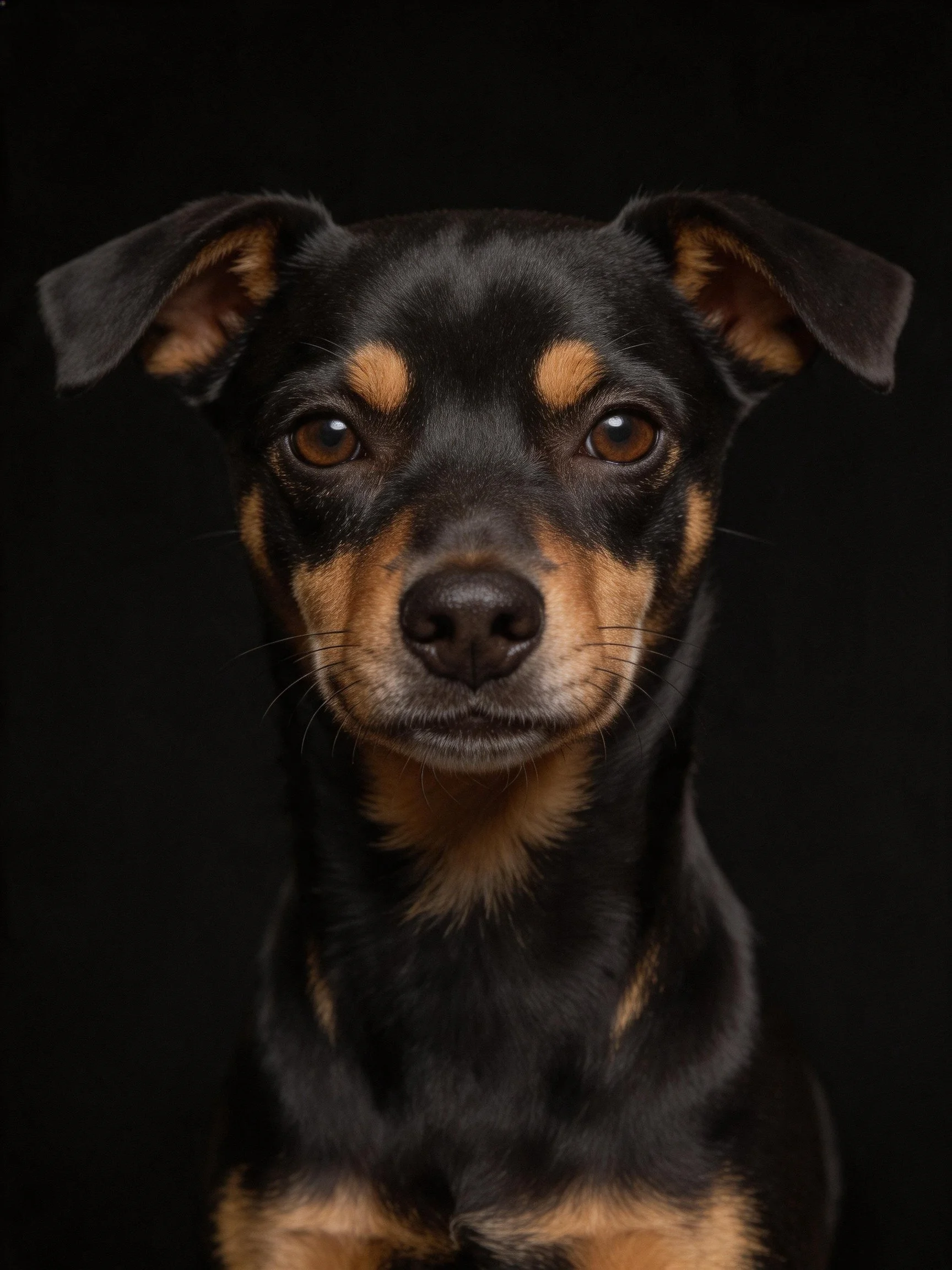A close - up portrait of a small black and tan dog against a black background.