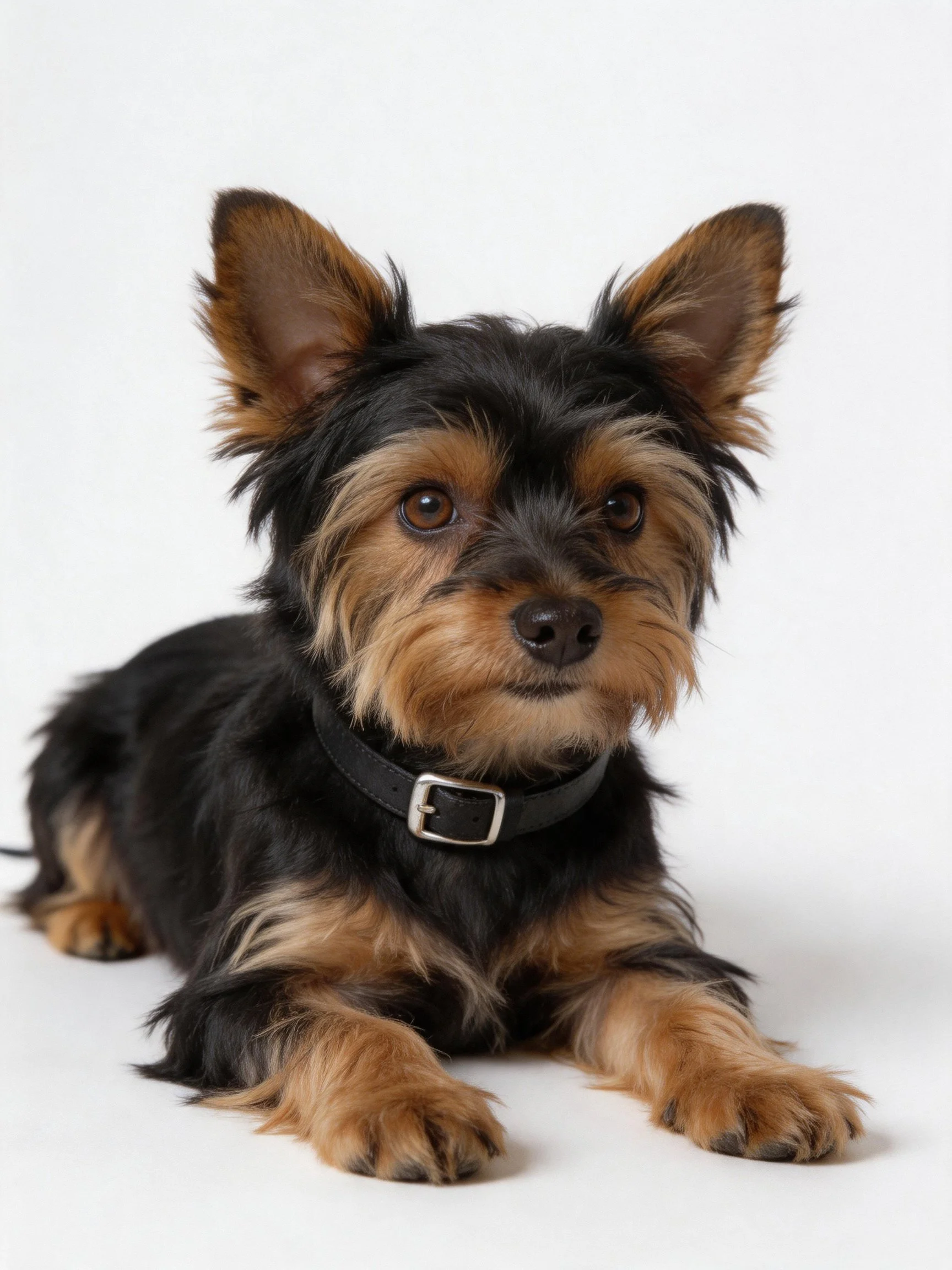 A small black and tan dog with upright ears rests on a plain white surface.