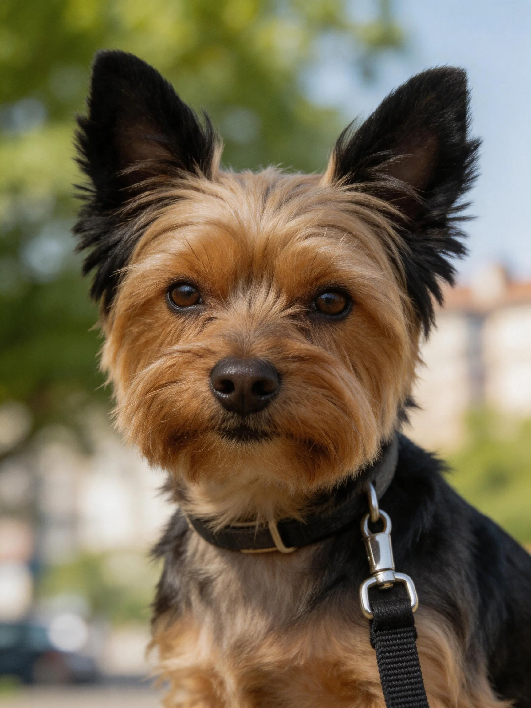 A small black and tan dog with upright ears stands outdoors near blurred greenery.