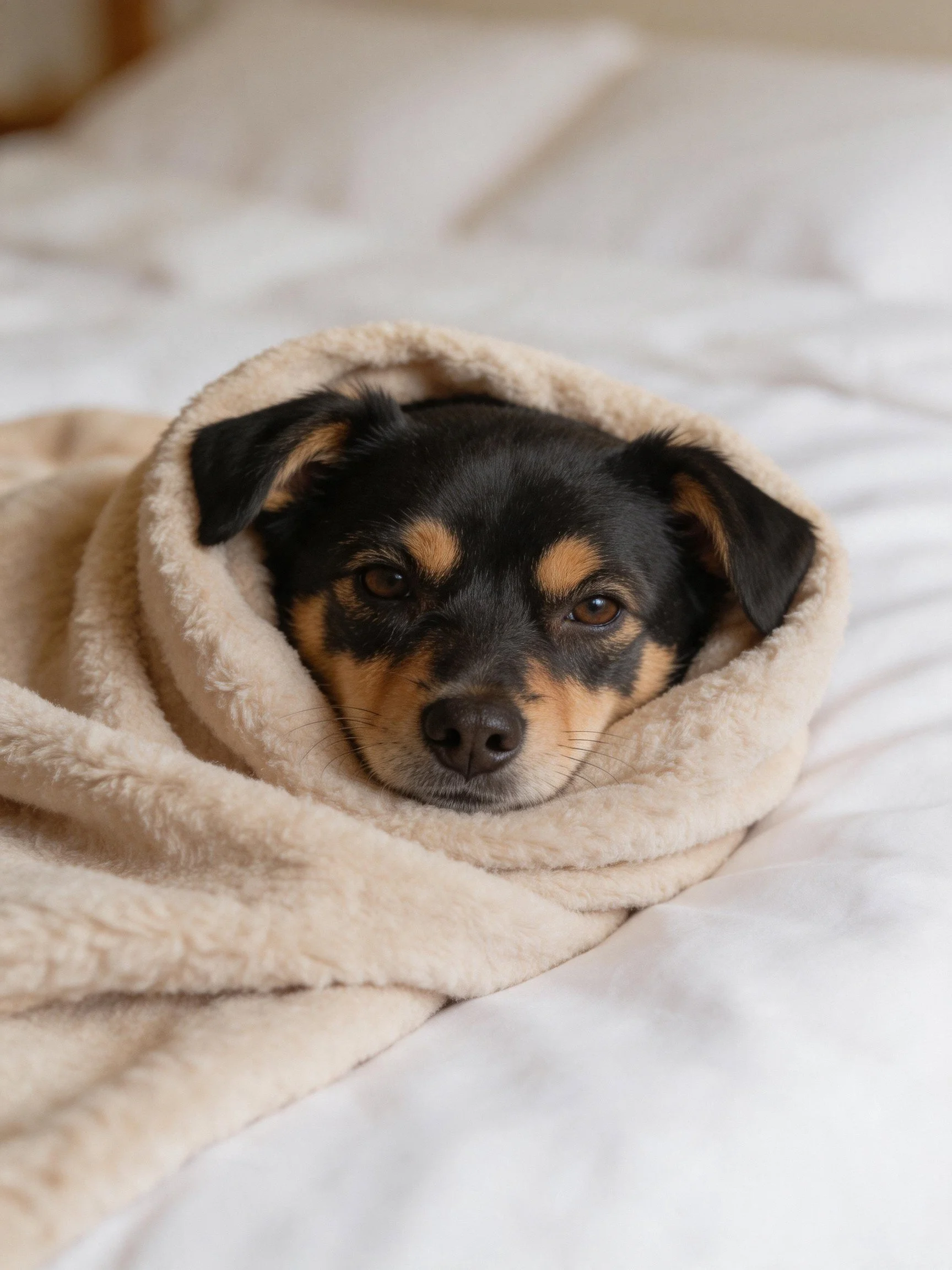A small black and tan dog rests wrapped in a beige blanket on a white bed