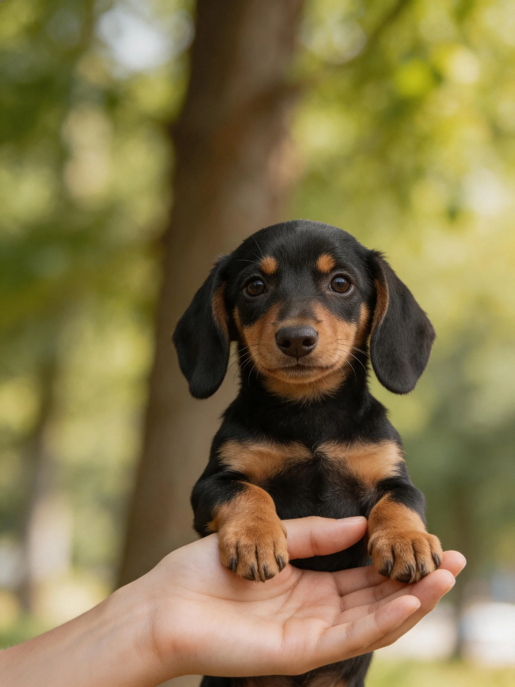 A small black and tan puppy sits calmly in a persons hand amid a softly focused natural environment.