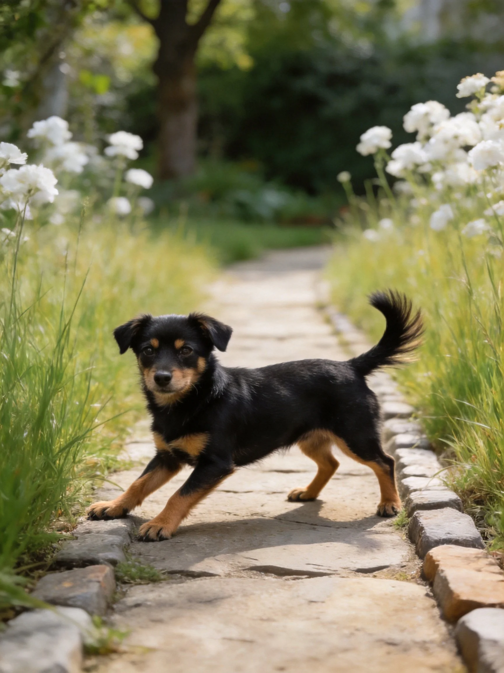 A small black and tan puppy explores a stone path bordered by tall grass and white flowers.