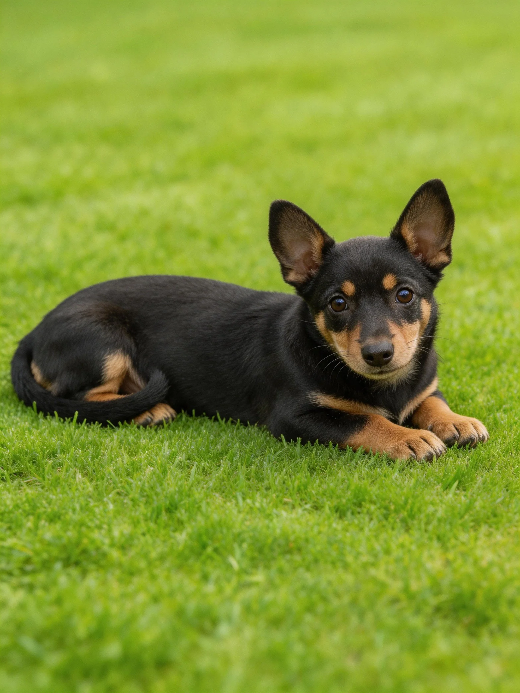 A small black and tan puppy lies calmly on green grass.