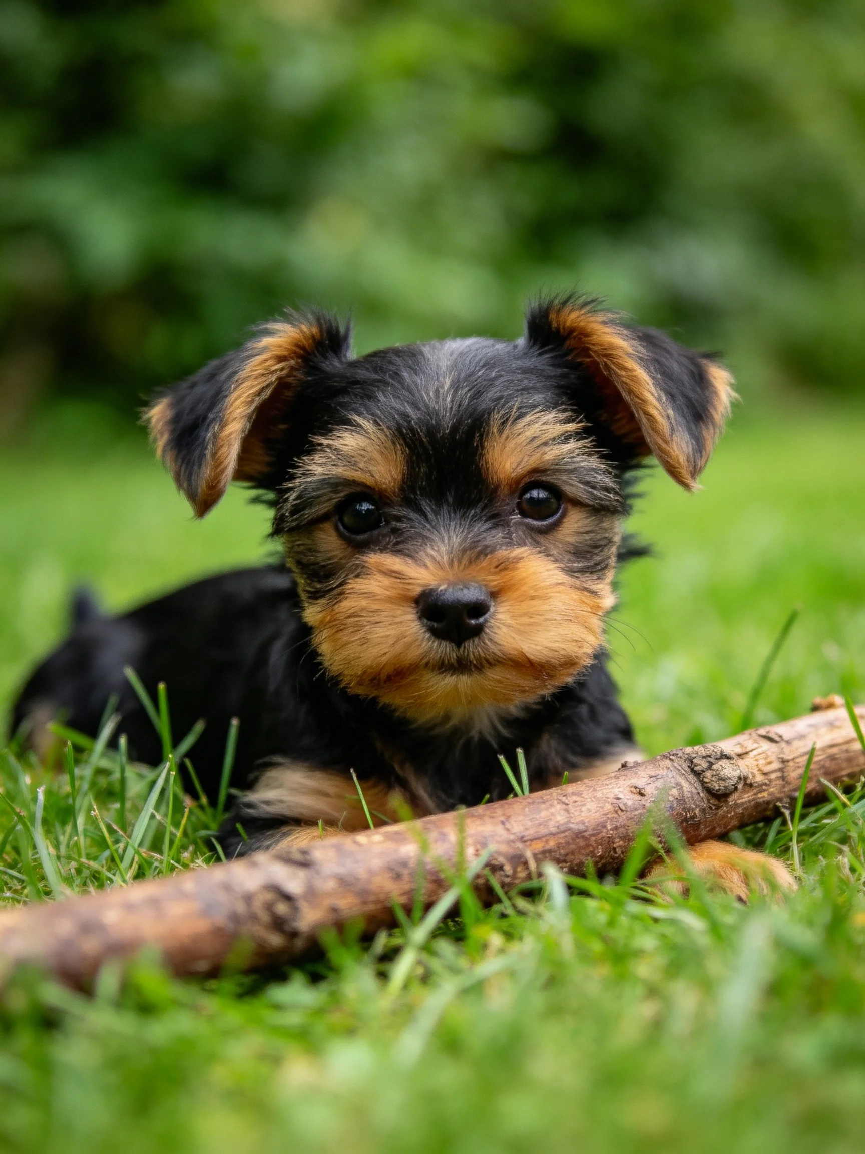 A small dog with black and tan fur lies beside a wooden stick on green grass.