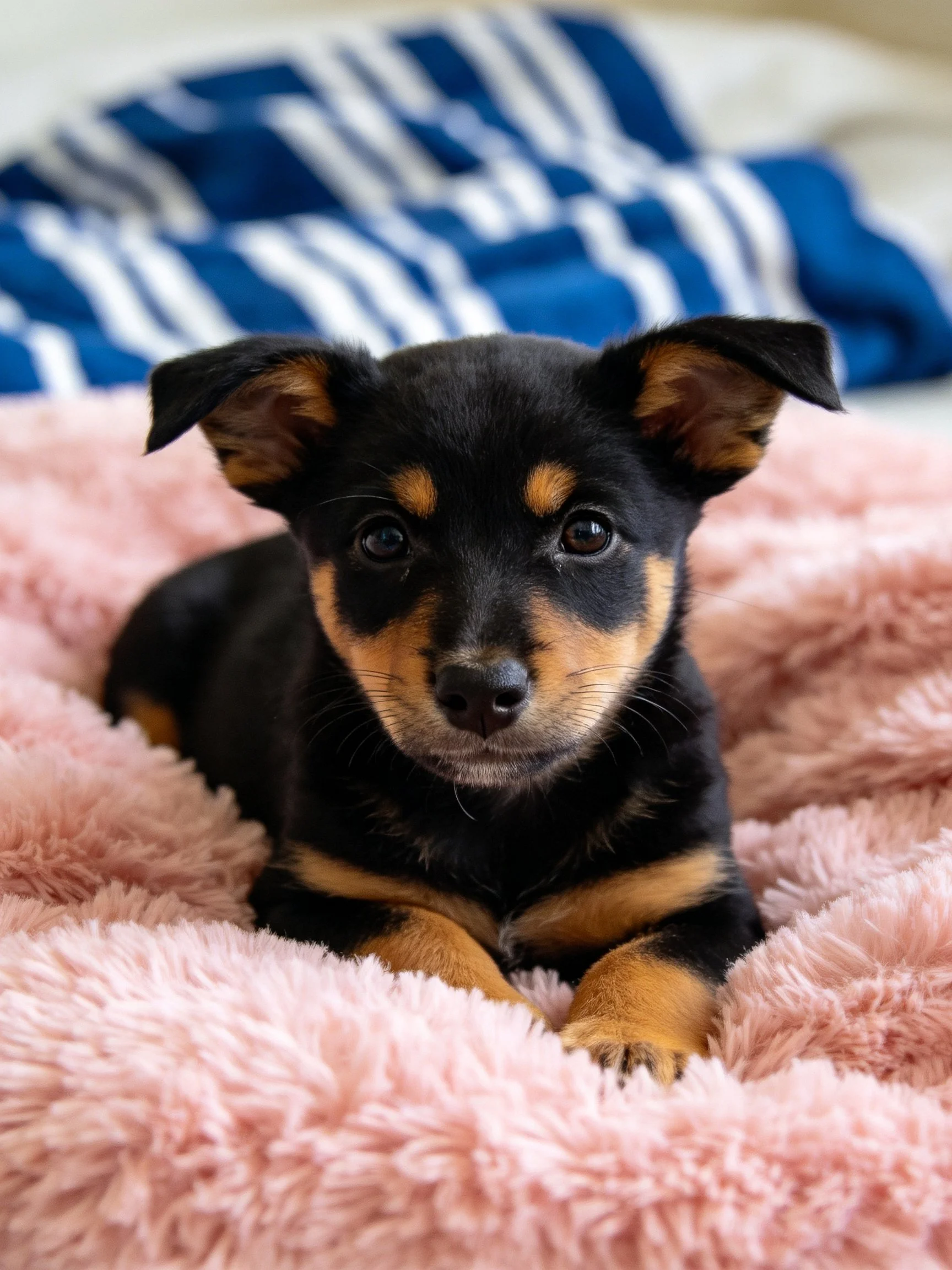 A small black and tan puppy relaxes on a pink blanket with a blue cloth nearby.