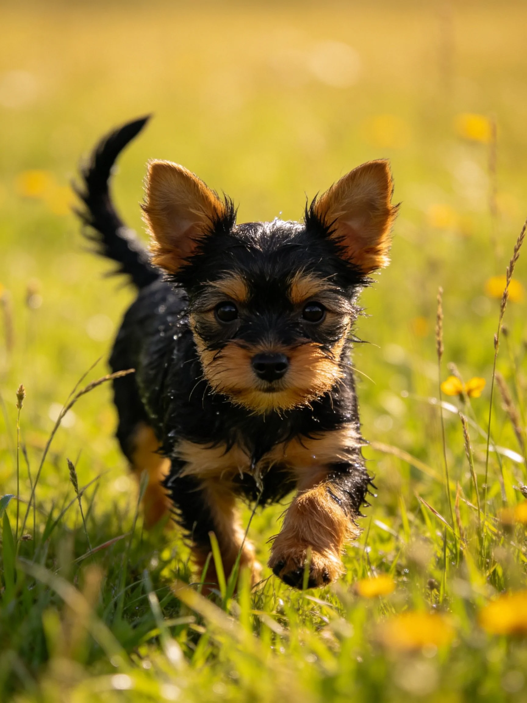 A small black and tan puppy runs energetically through a sunlit meadow with yellow flowers.