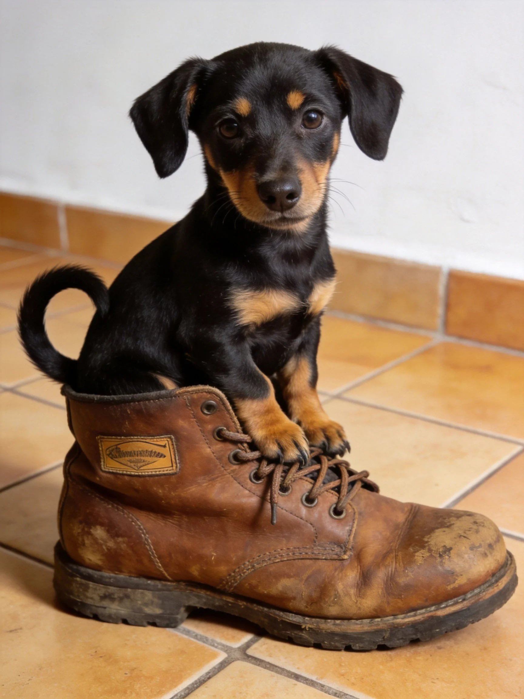 A small black and tan puppy sits inside a large, worn brown boot.