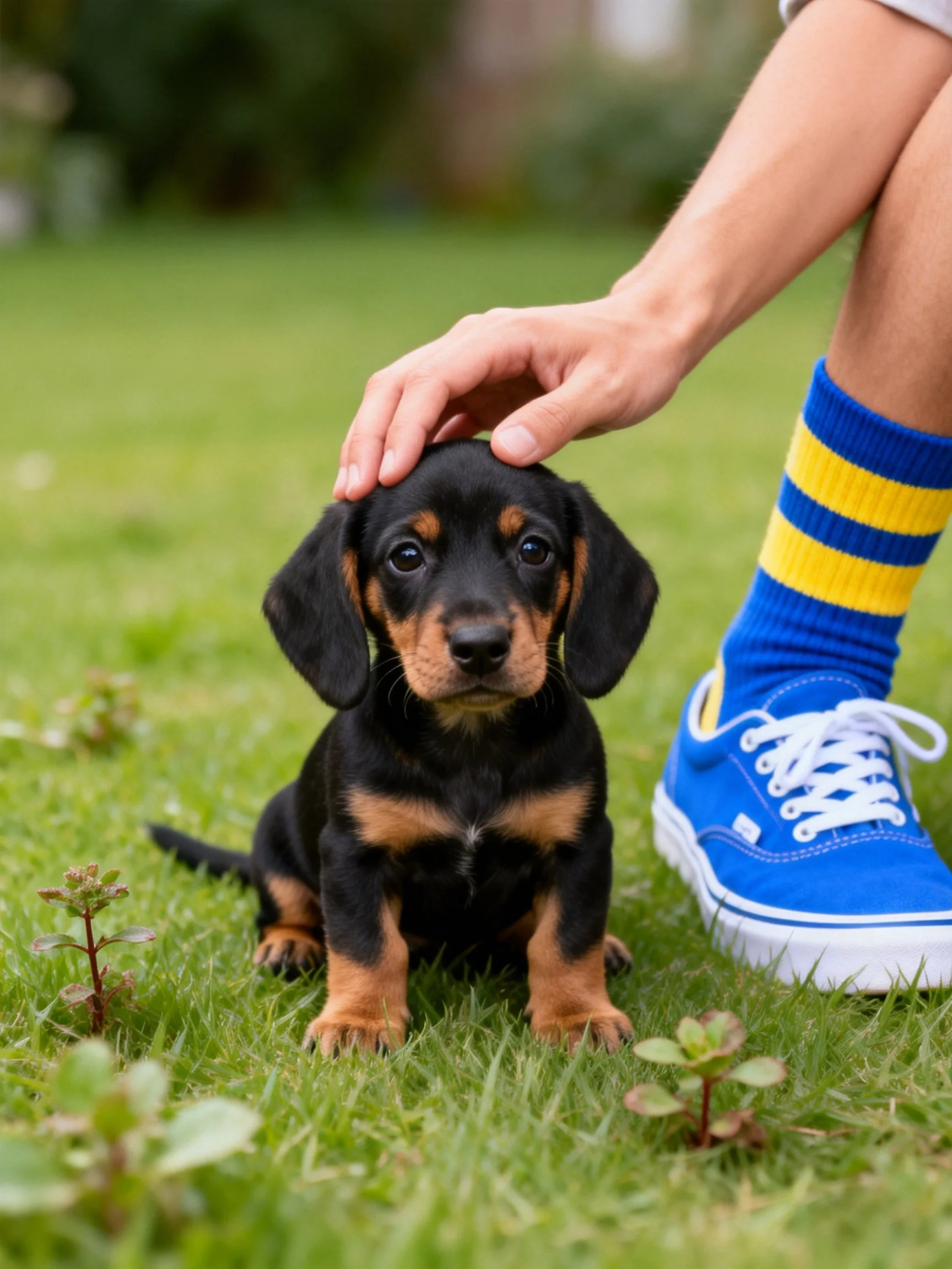 A small black and tan puppy sits on grass next to blue sneakers with yellow stripes while being petted