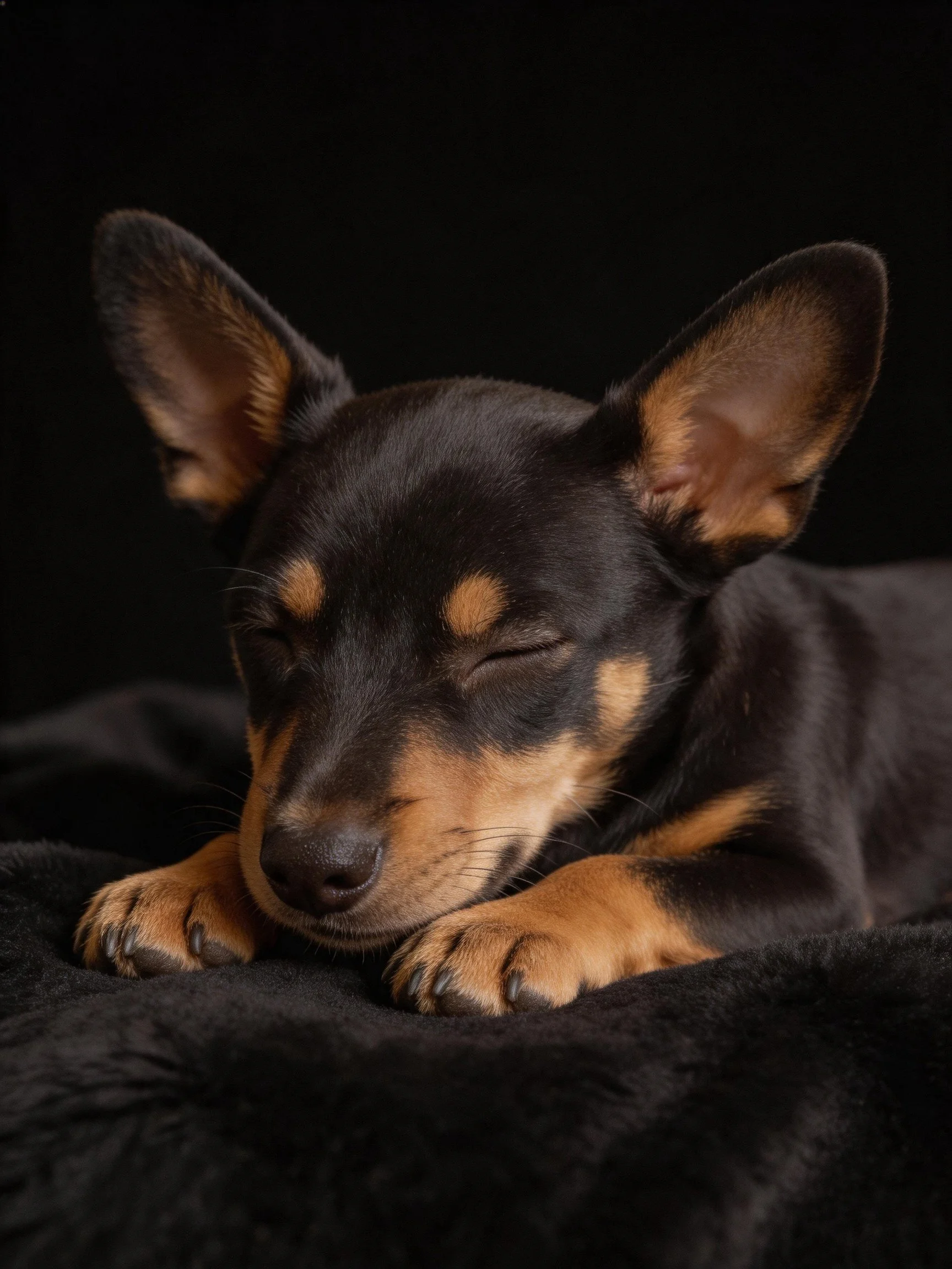 A small black and tan puppy sleeps peacefully on a dark fabric surface.