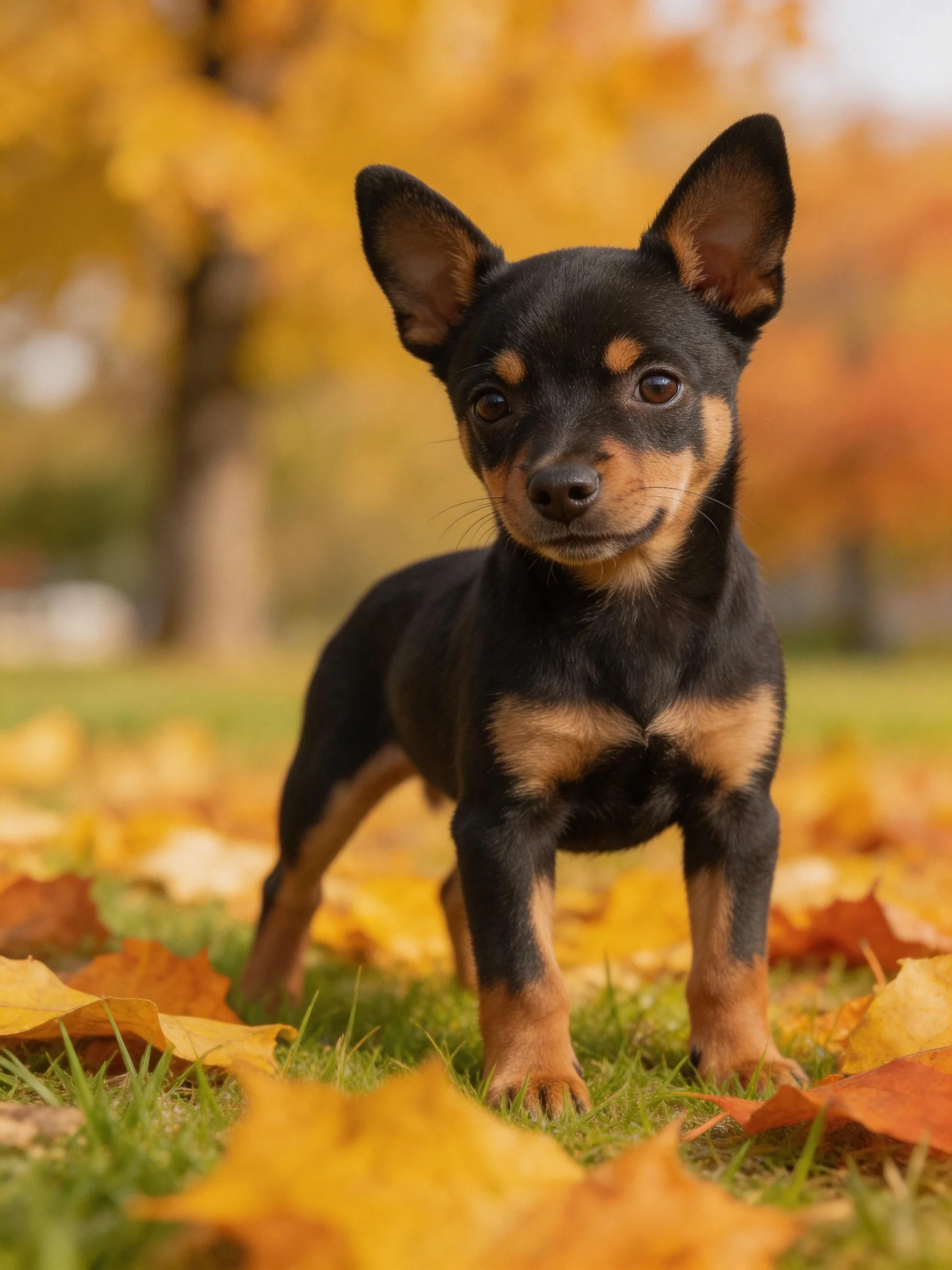 A small black and tan puppy stands among autumn leaves in a park setting.