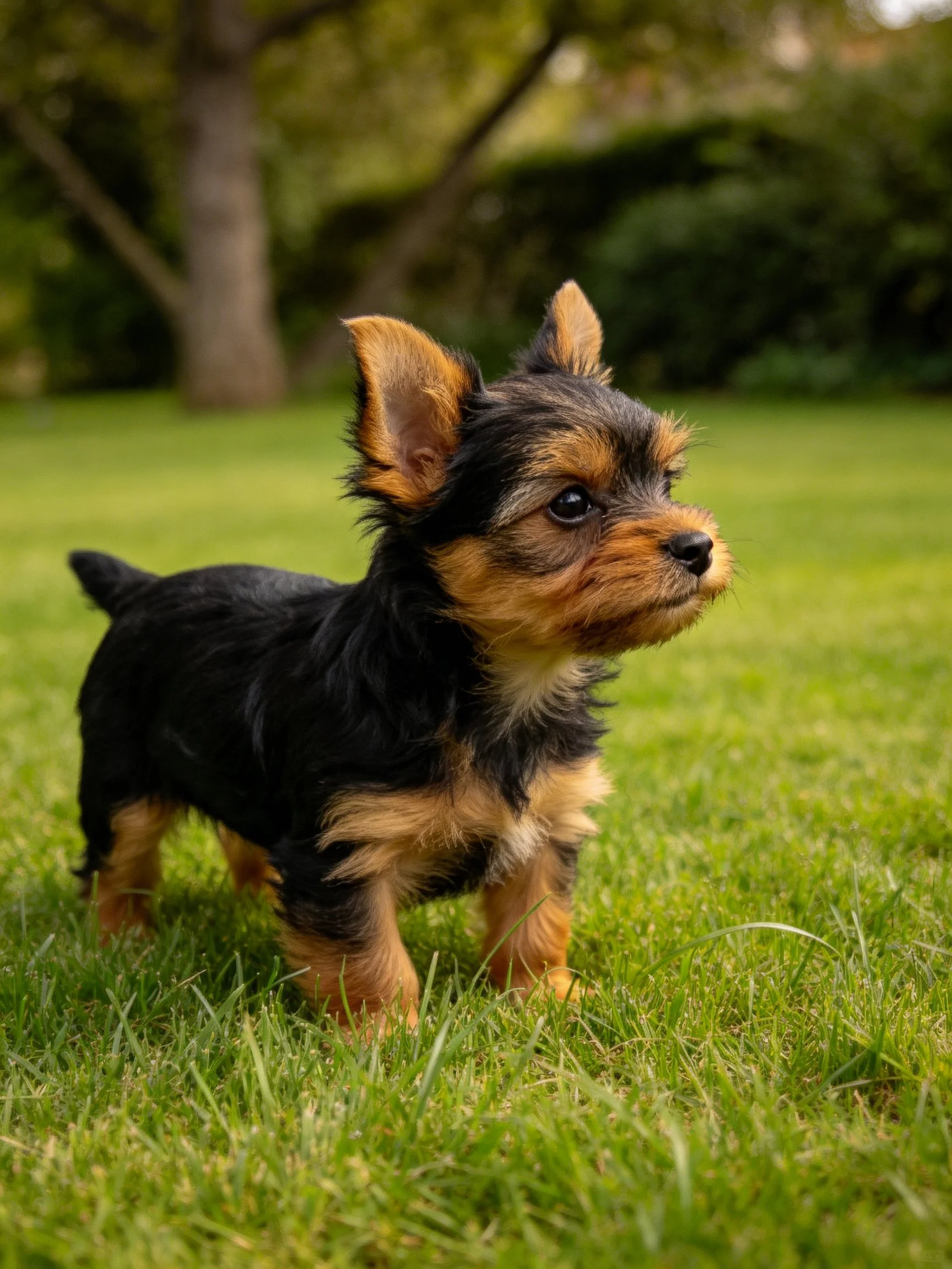 A small black and tan puppy explores a sunlit grassy area.