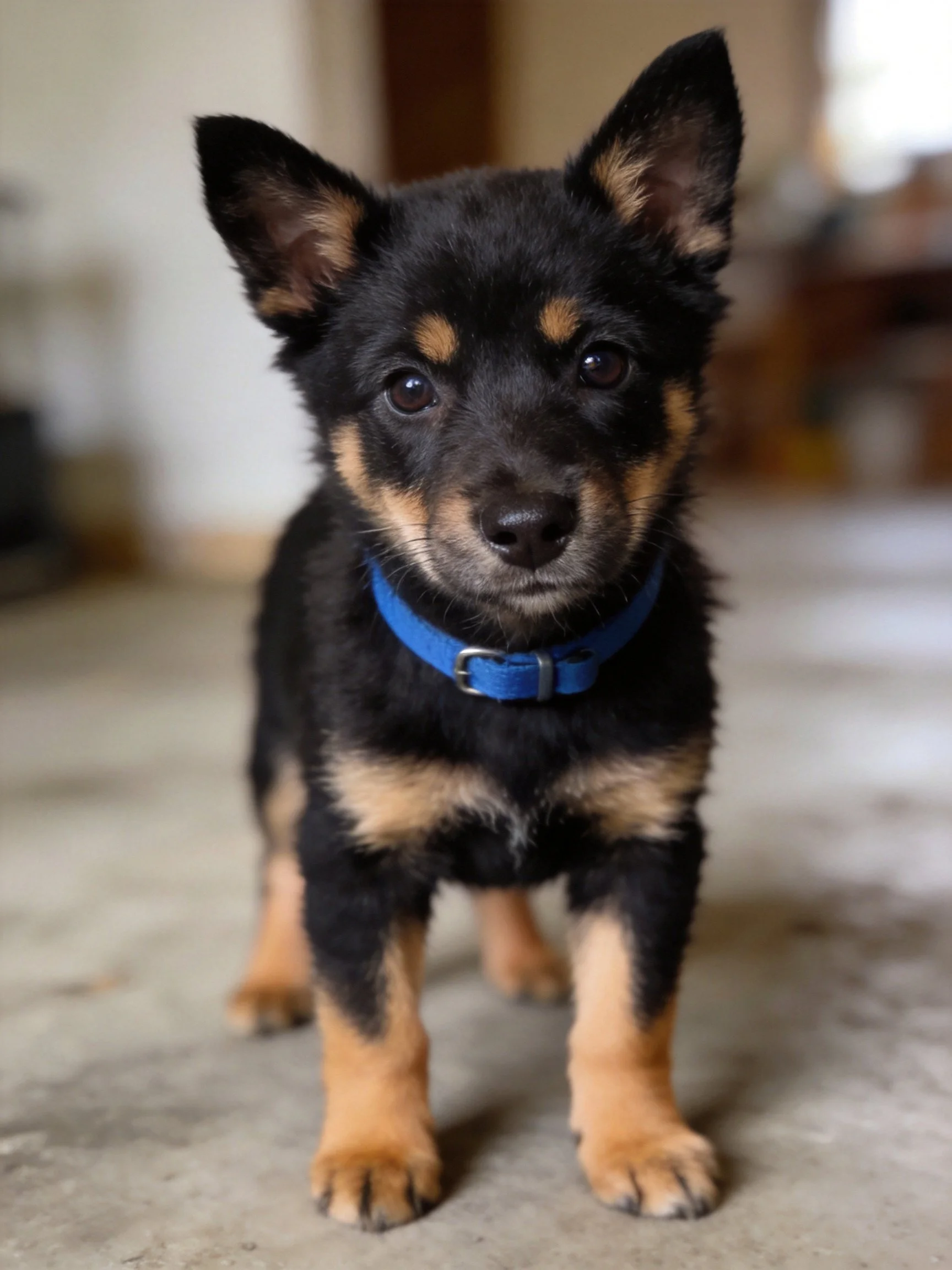 A young black and tan puppy stands attentively indoors with a blue collar.