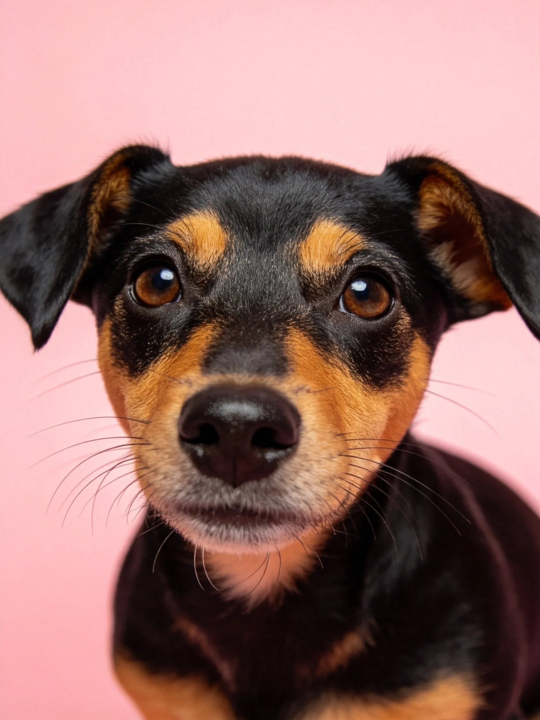 A small black and tan puppy with expressive eyes on a pink backdrop