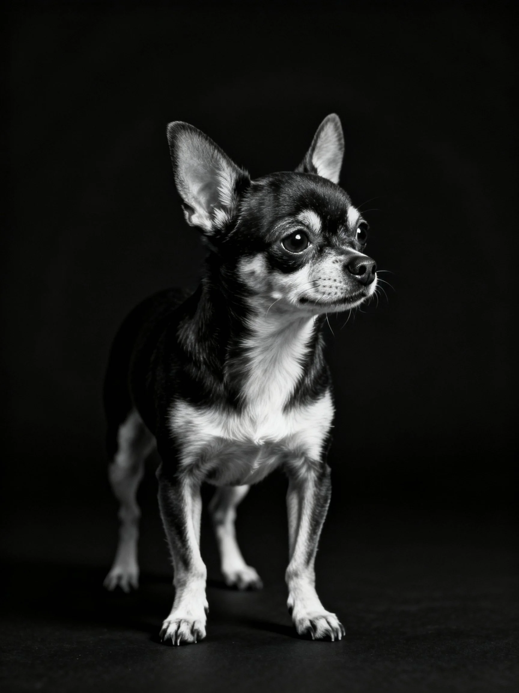 A small black and white Chihuahua dog against a dark backdrop