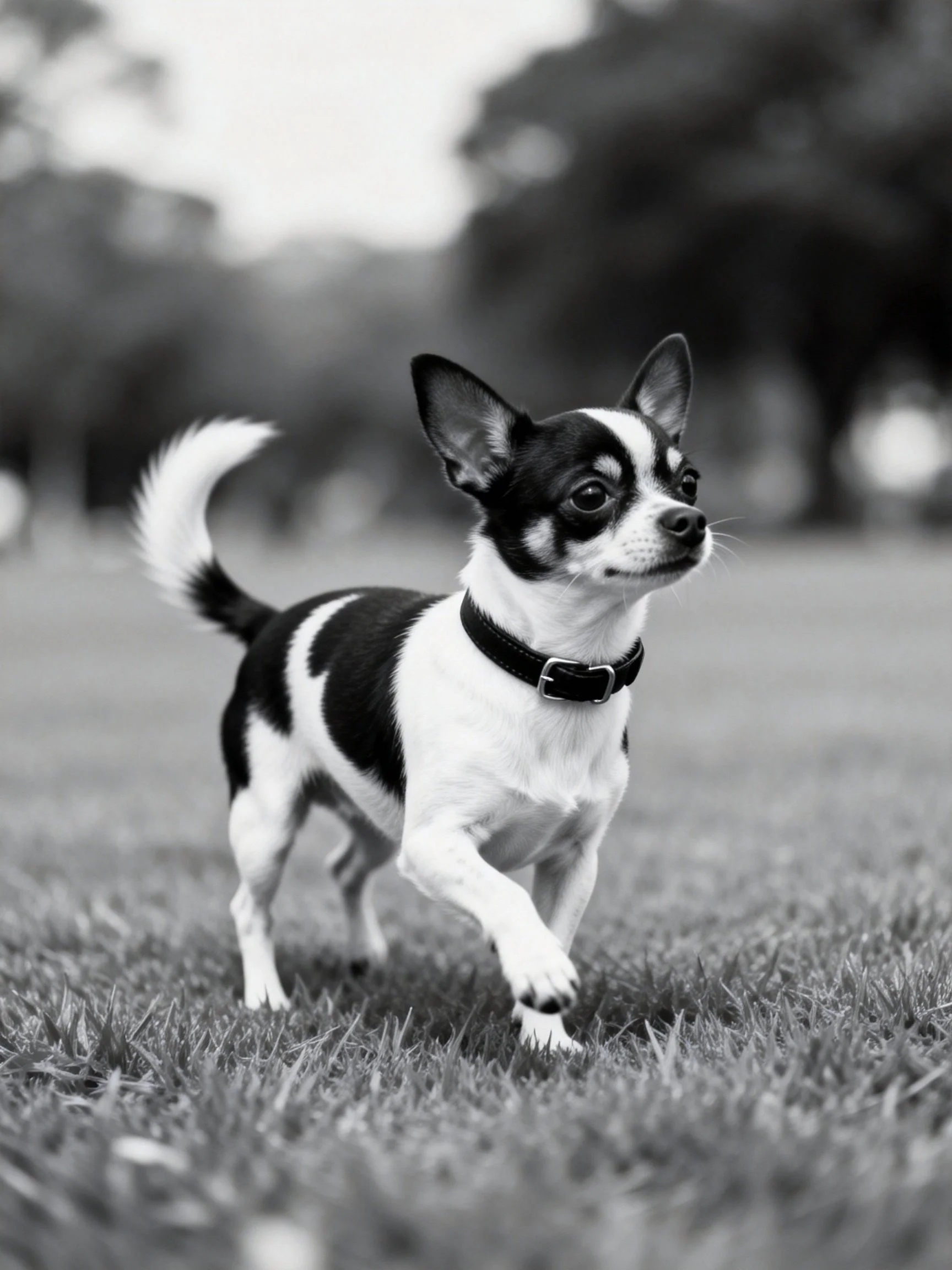 A small black and white Chihuahua runs on grass.