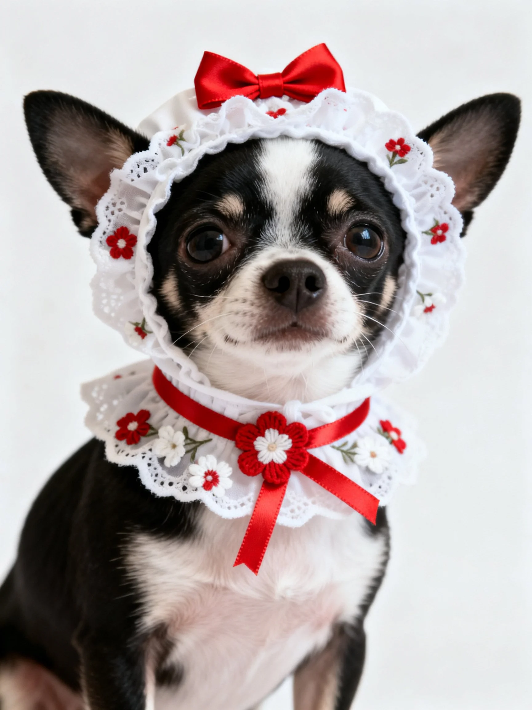 A small black and white Chihuahua is dressed in a white lace bonnet with red decorations.