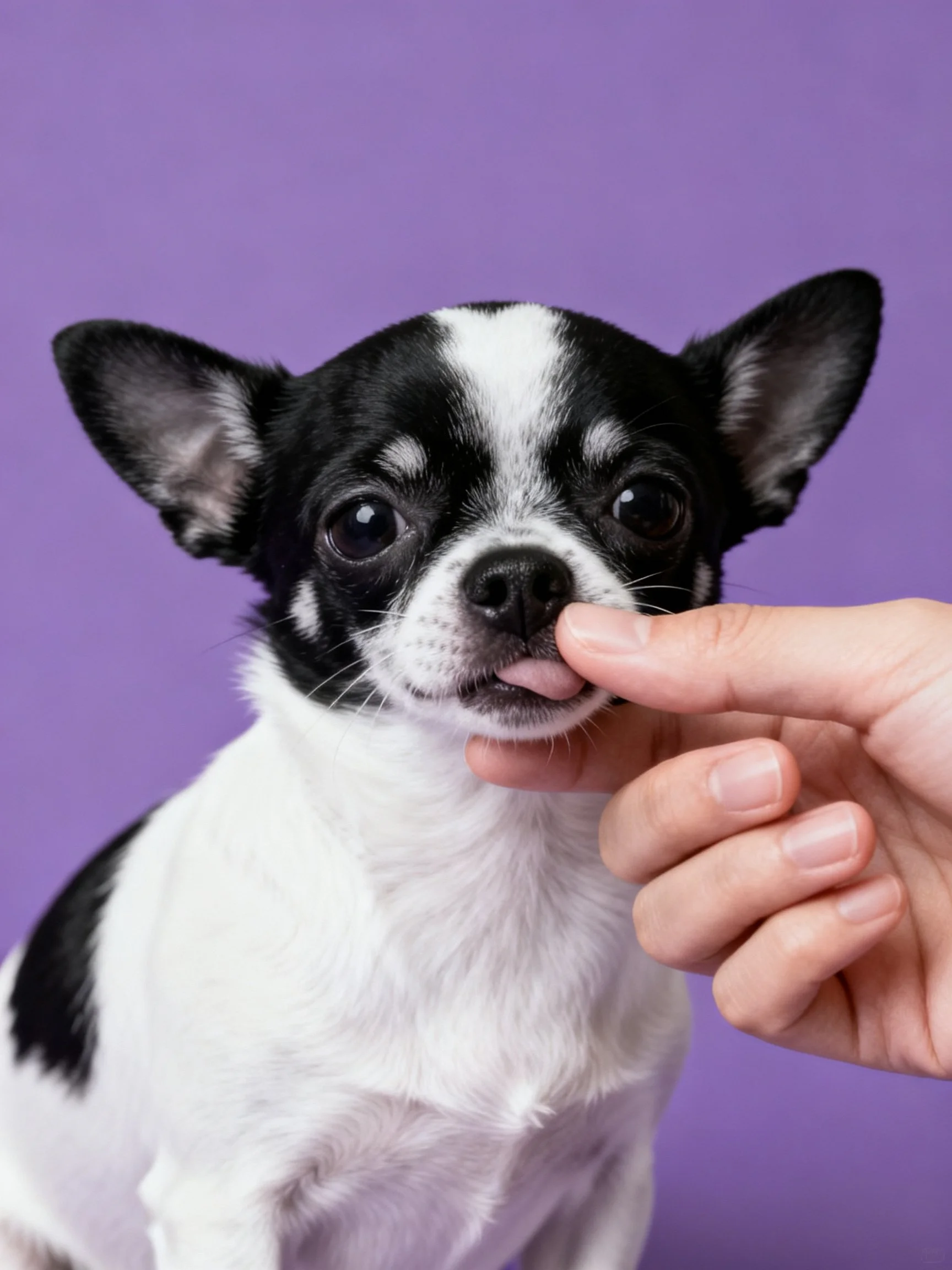 A small black and white Chihuahua with a hand touching its mouth on a purple background