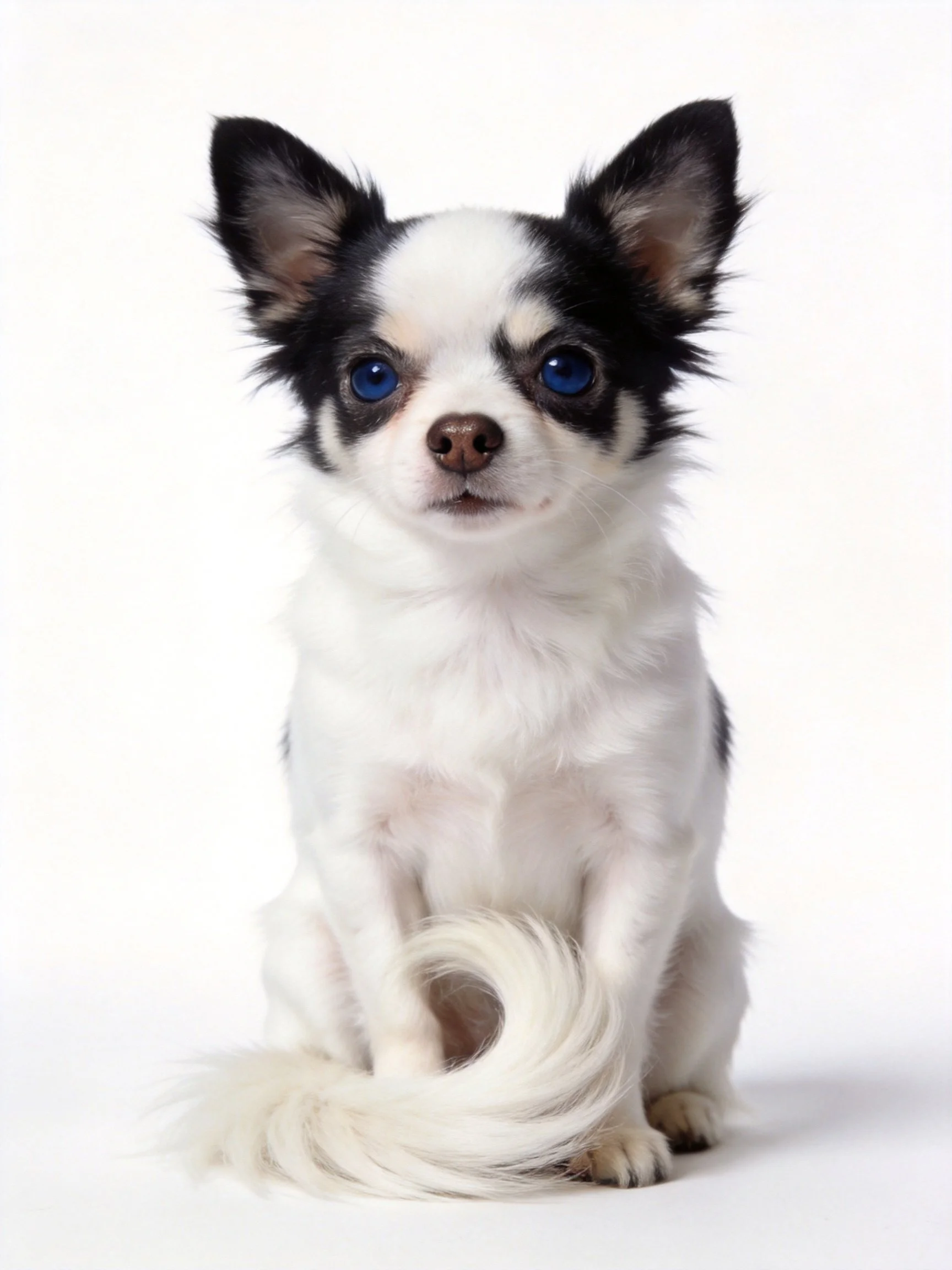 A small black and white Chihuahua with bright blue eyes
