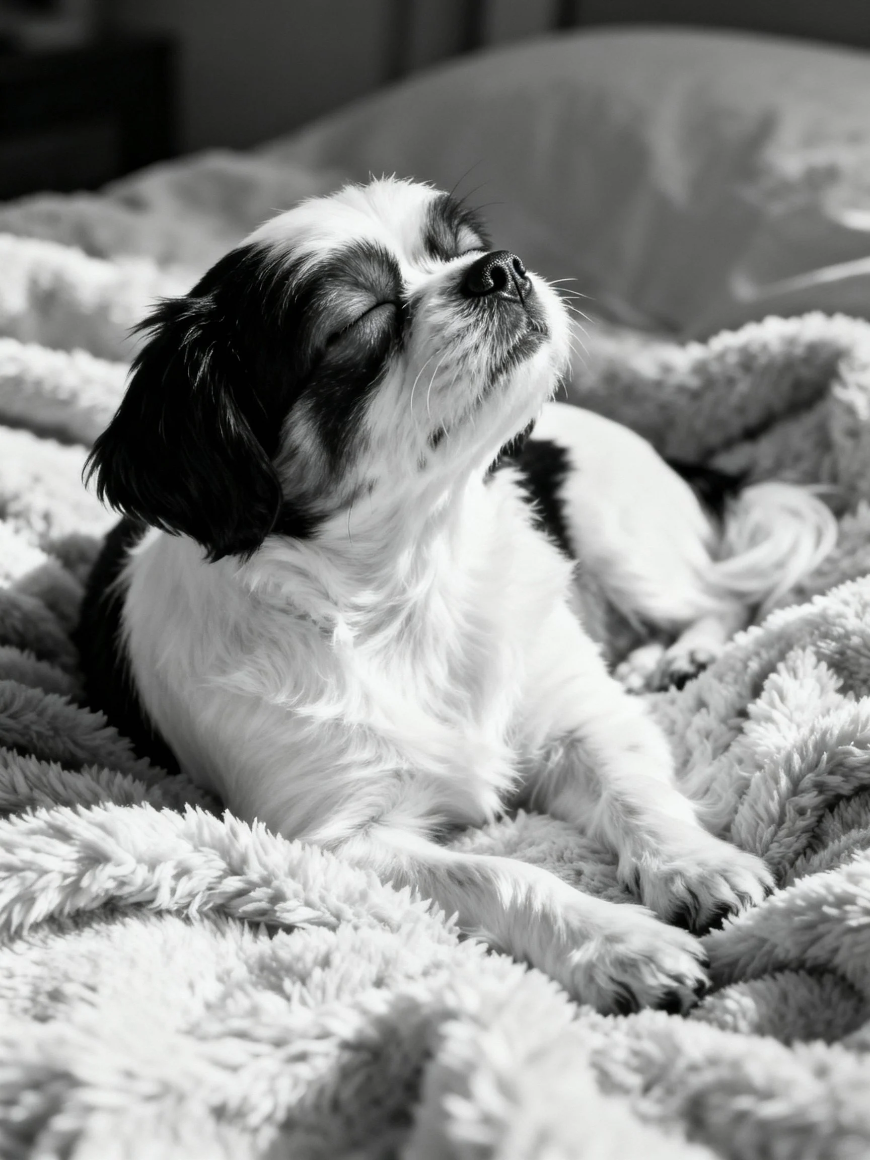 A small black and white dog sleeps peacefully on a soft blanket.