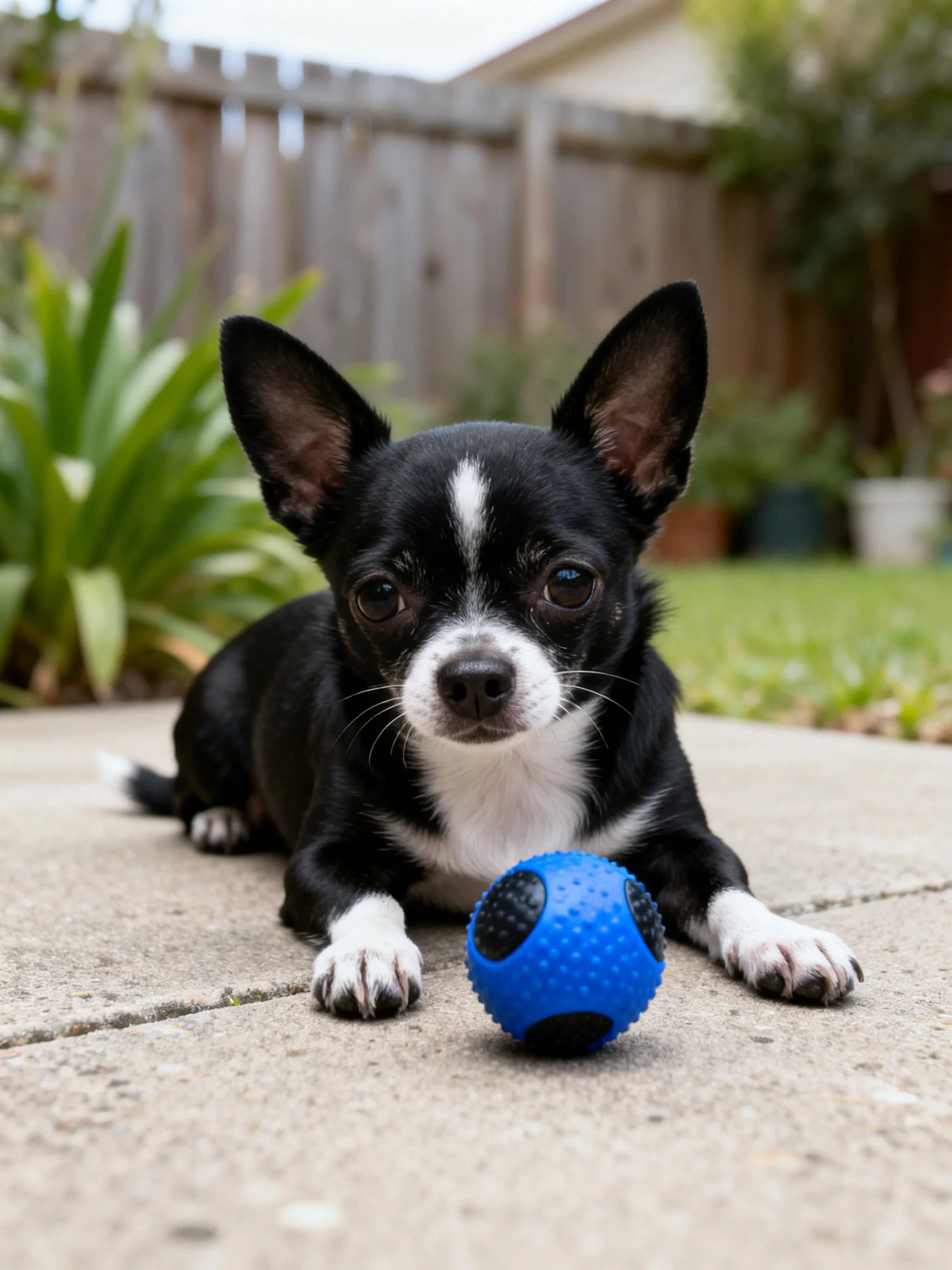 A small black and white dog rests beside a blue ball in a backyard