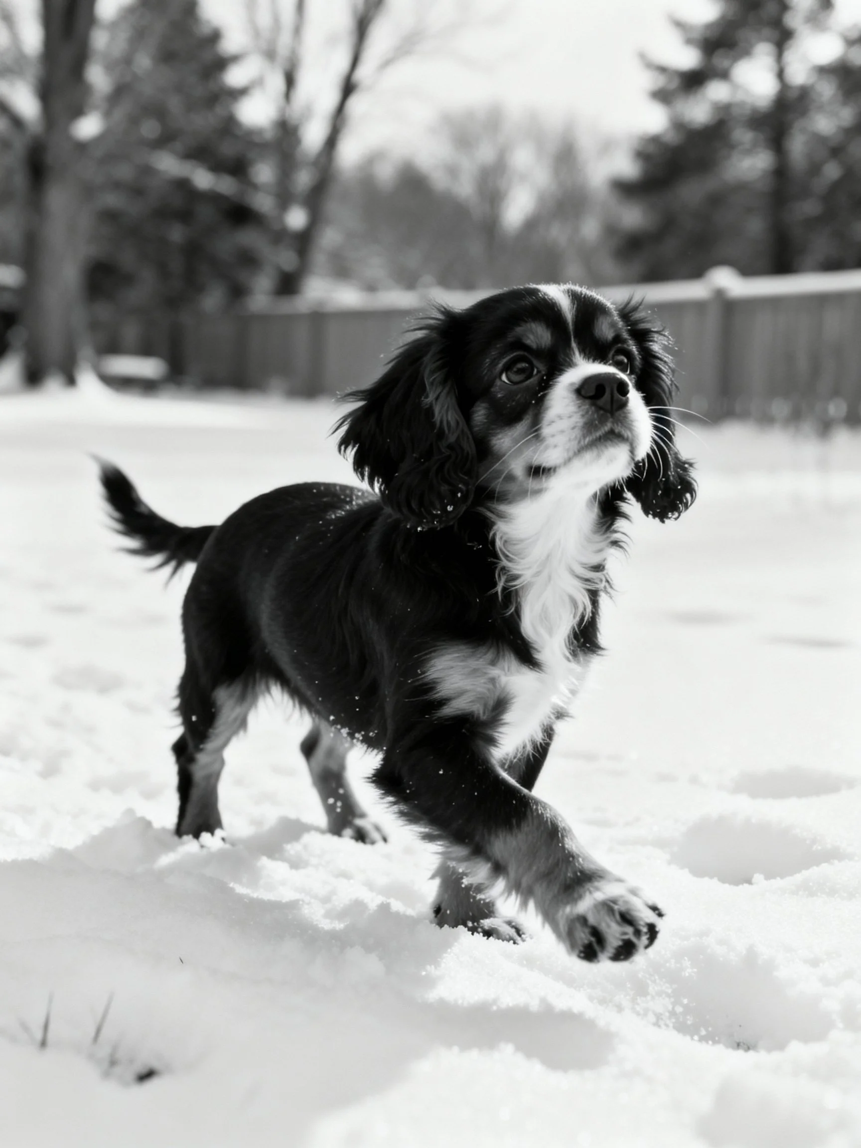 A small black and white dog runs through a snowy outdoor area with trees and a fence.