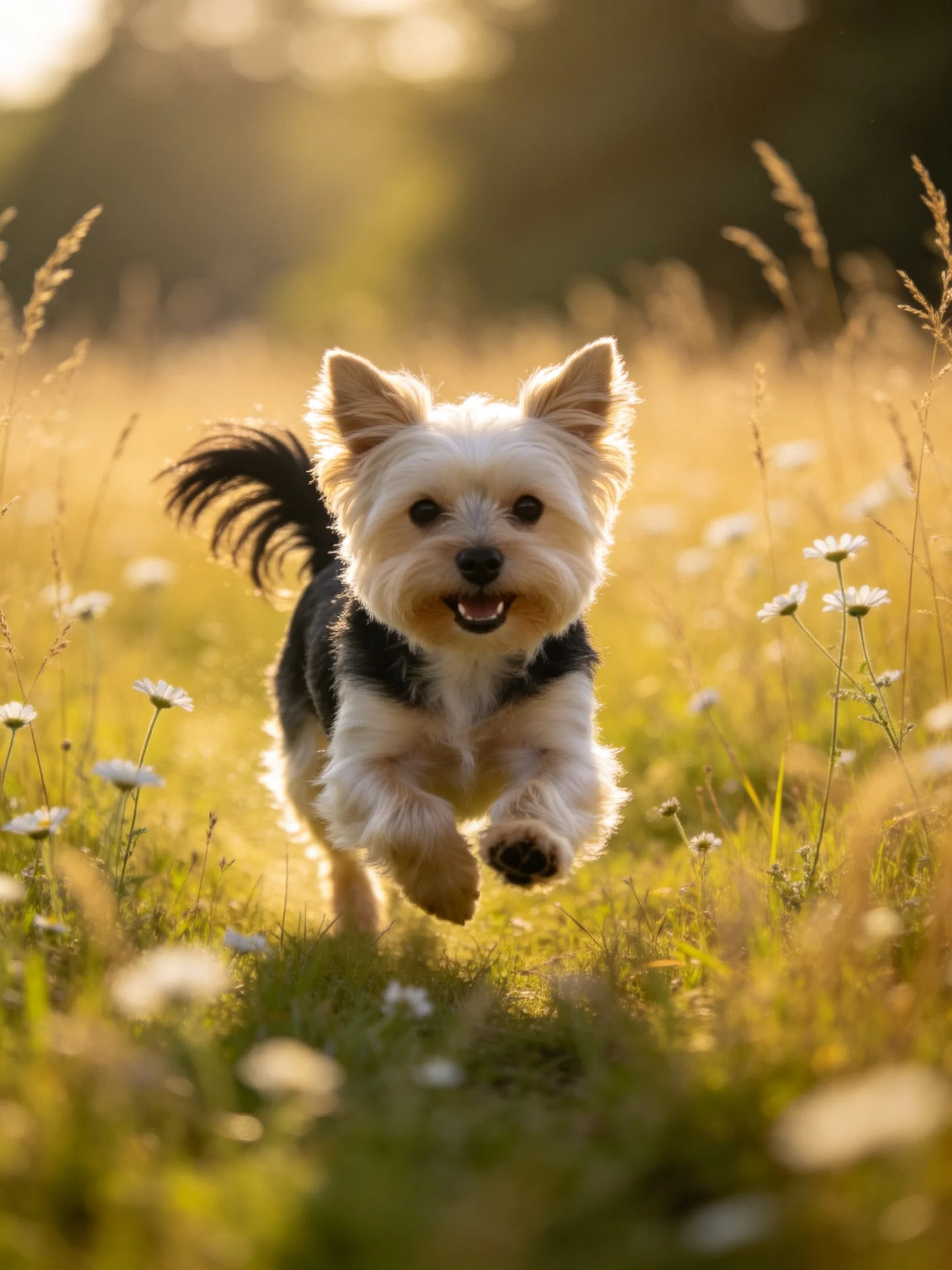 A small black-and-white dog joyfully runs through a sunlit meadow.