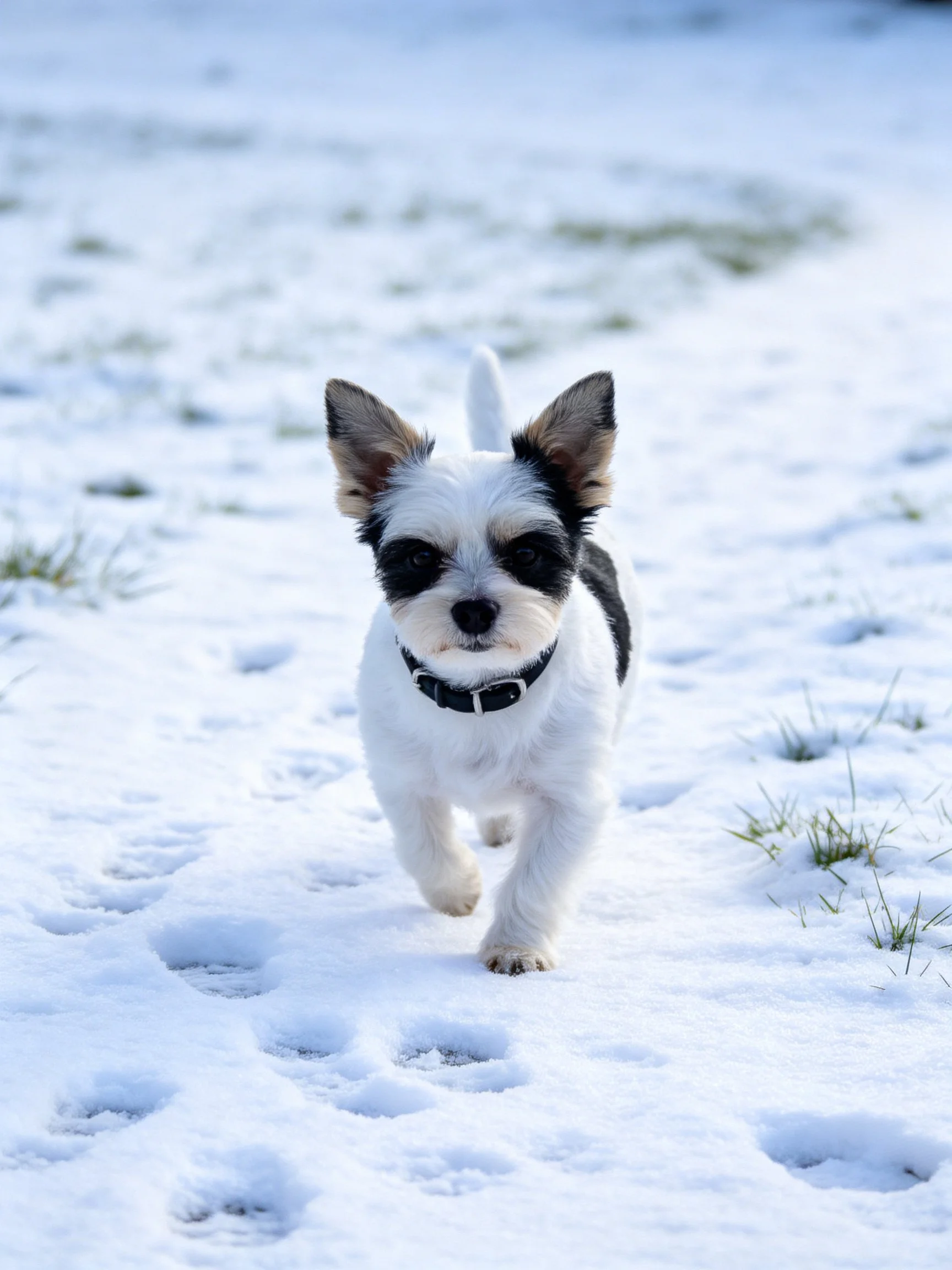 A small black-and-white dog walks through snow with footprints