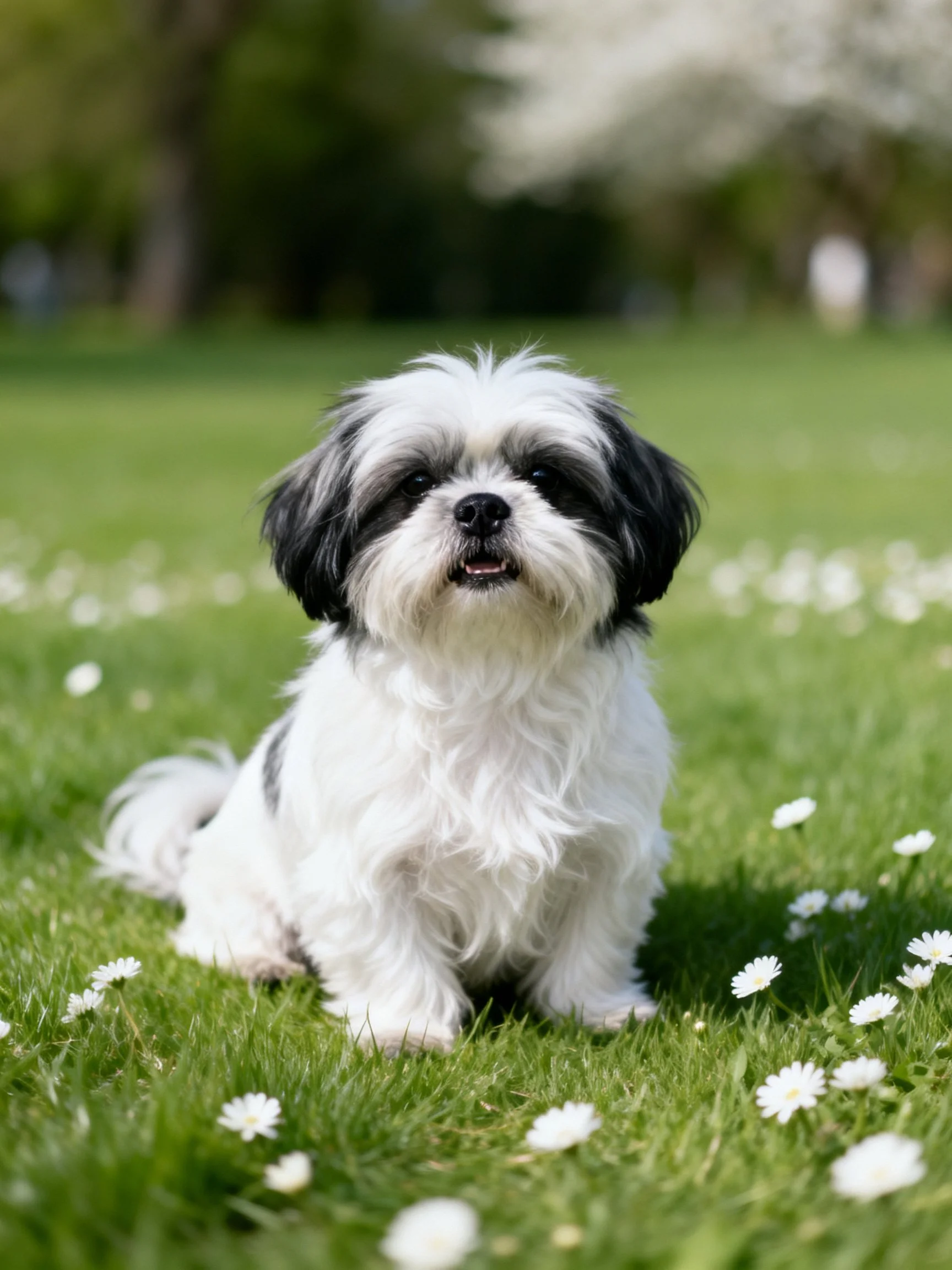 A small black-and-white dog sits calmly on a grassy field dotted with white flowers.