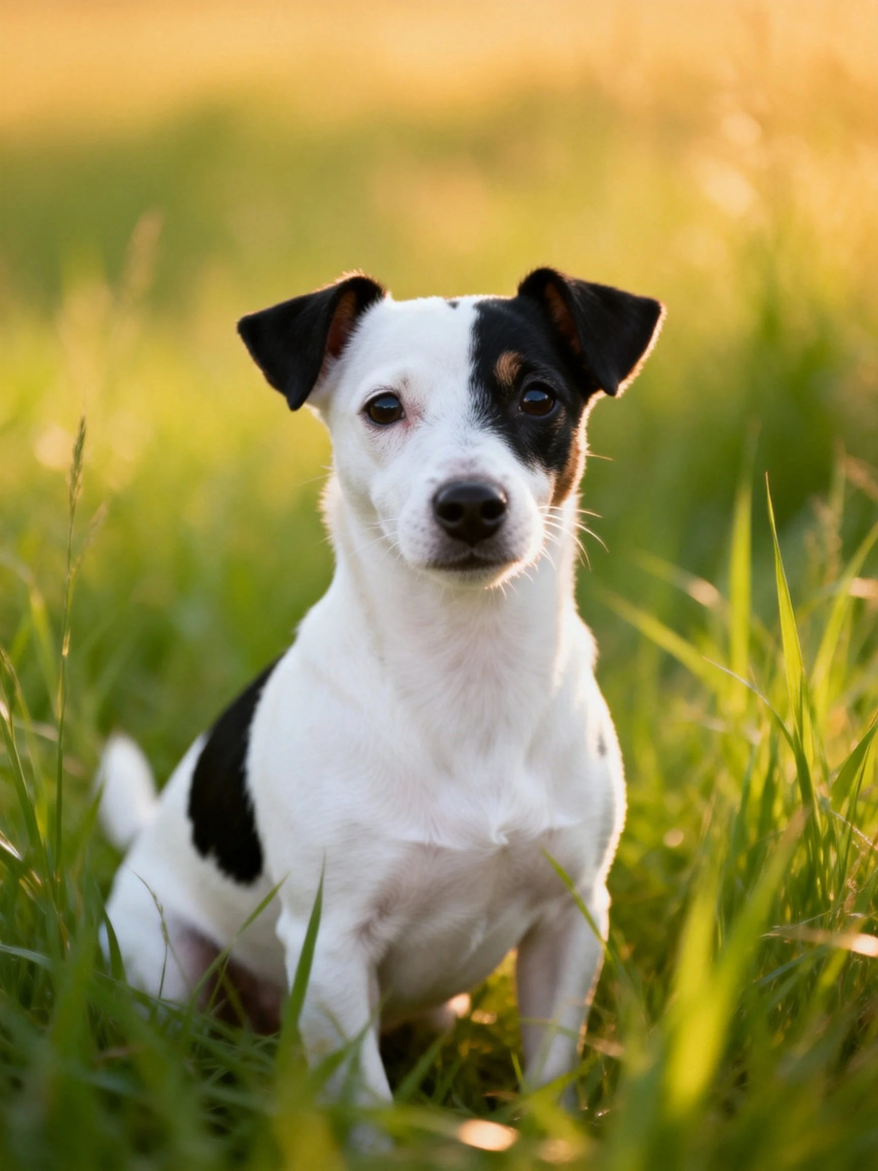 A small black-and-white dog sits calmly in sunlit green grass.