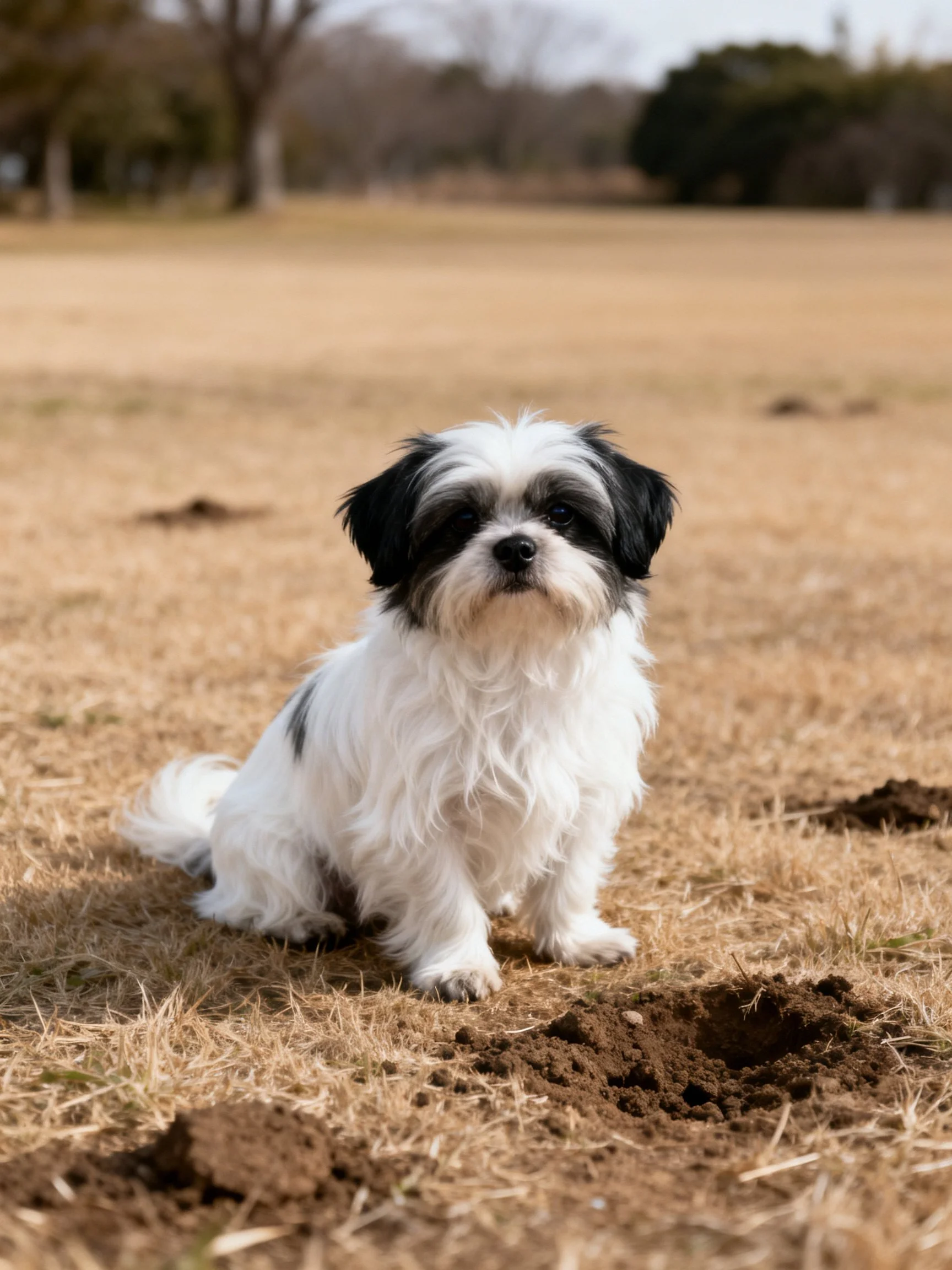 A small black-and-white dog sits calmly amid dirt patches on dry grass.