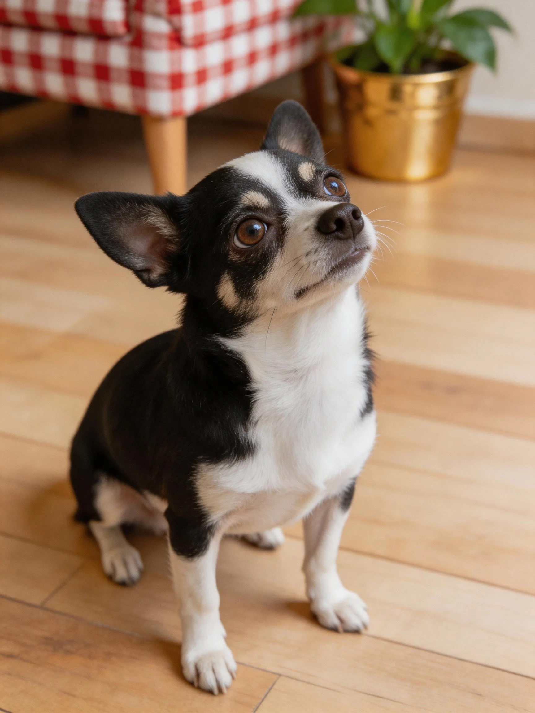A small black and white dog sits attentively near a red checkered chair.