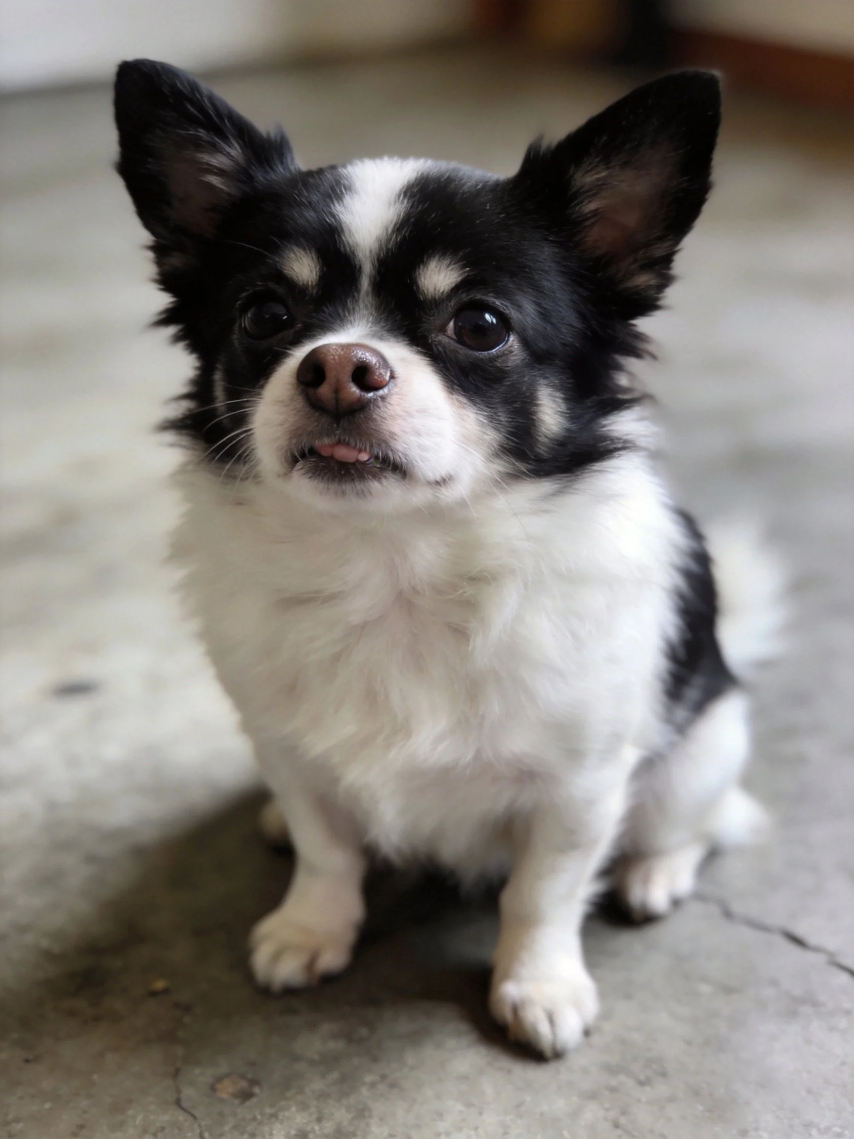 A small black and white dog sits attentively ona concrete surface.