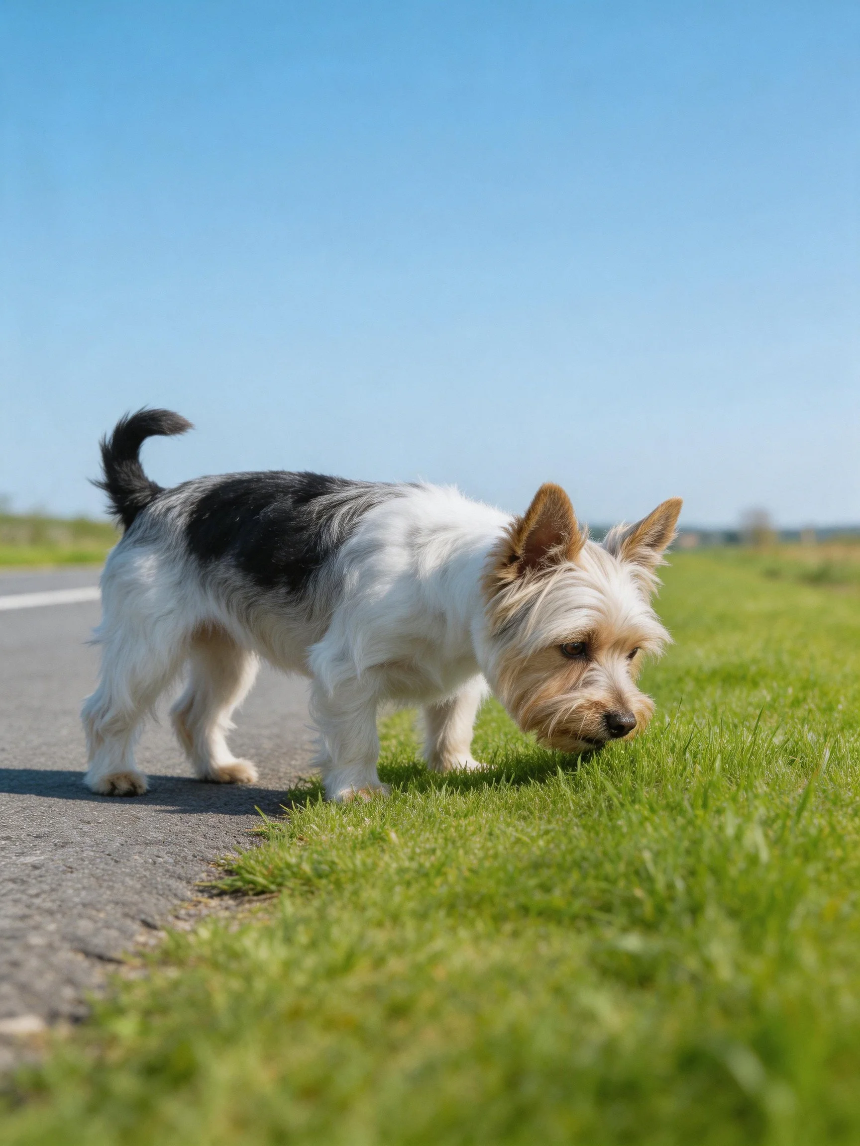 A small black-and-white dog explores green grass near a paved road.