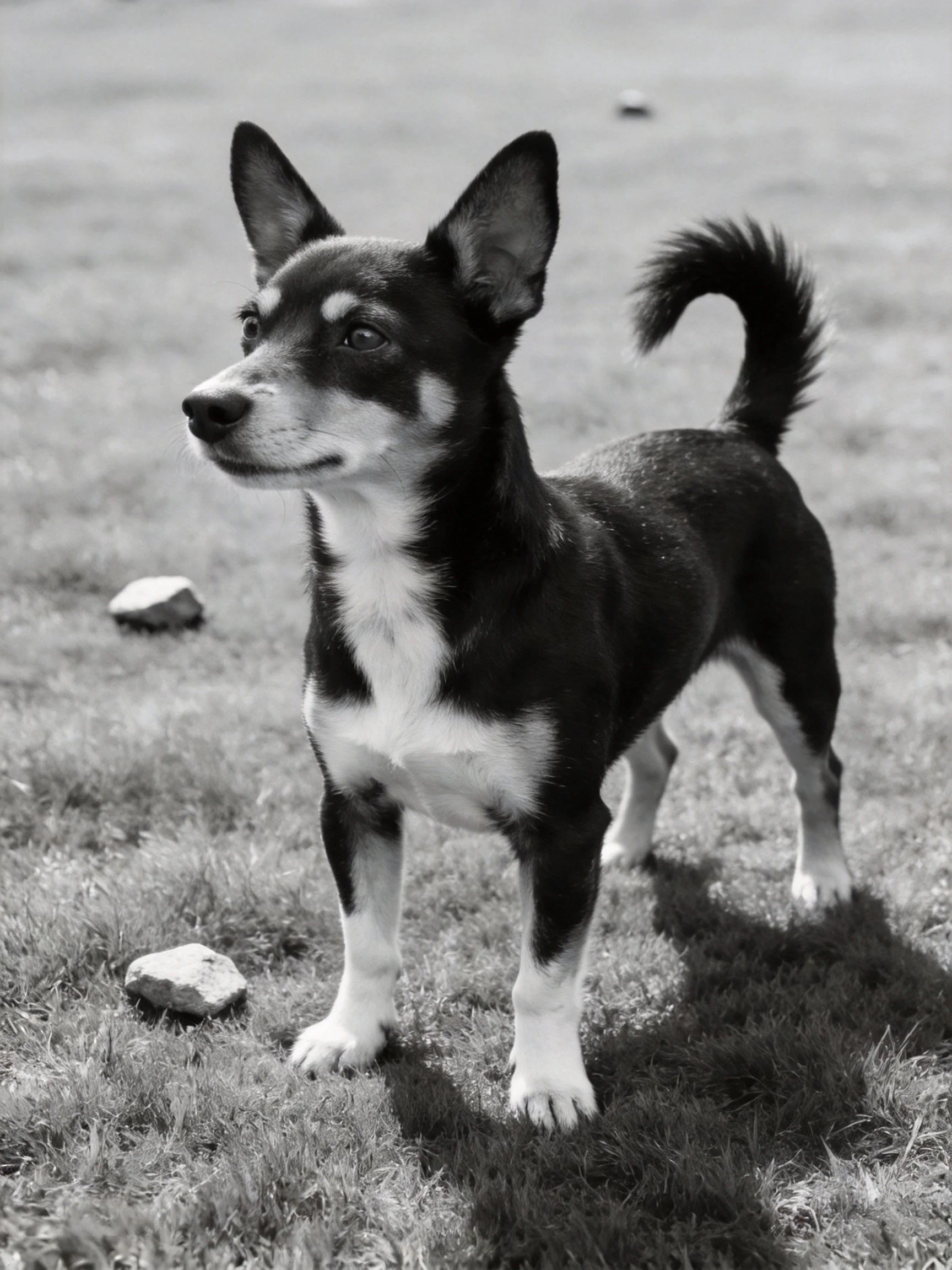 A small black and white dog stands alert on grass