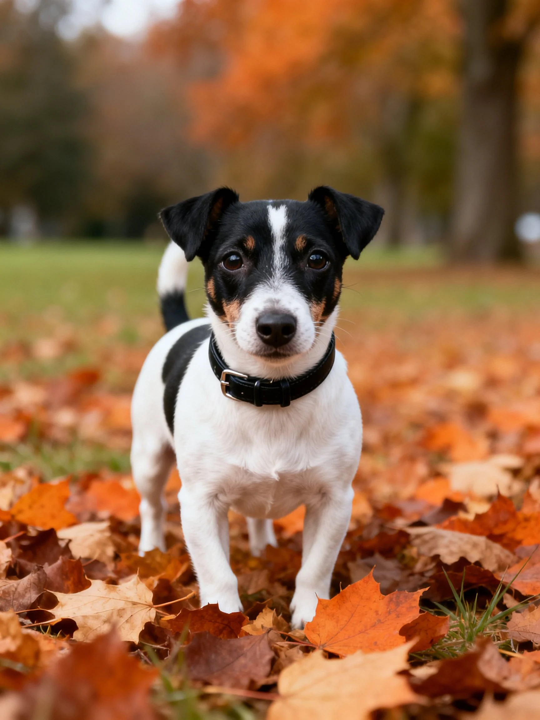 A small dog stands amidst fallen autumn leaves in a park with autumn scenery.