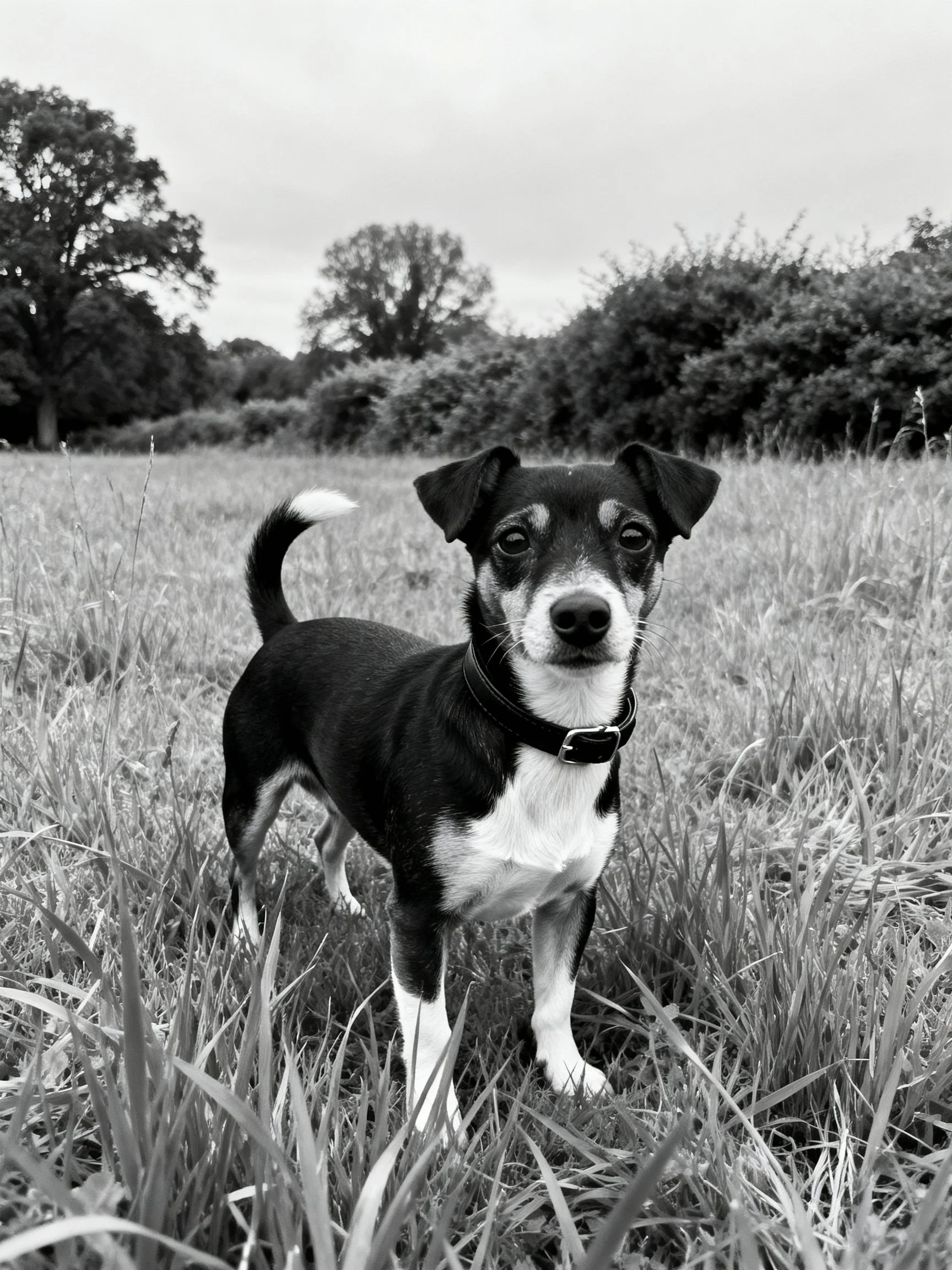 A small black and white dog stands alert in a grassy field with trees in the distance.