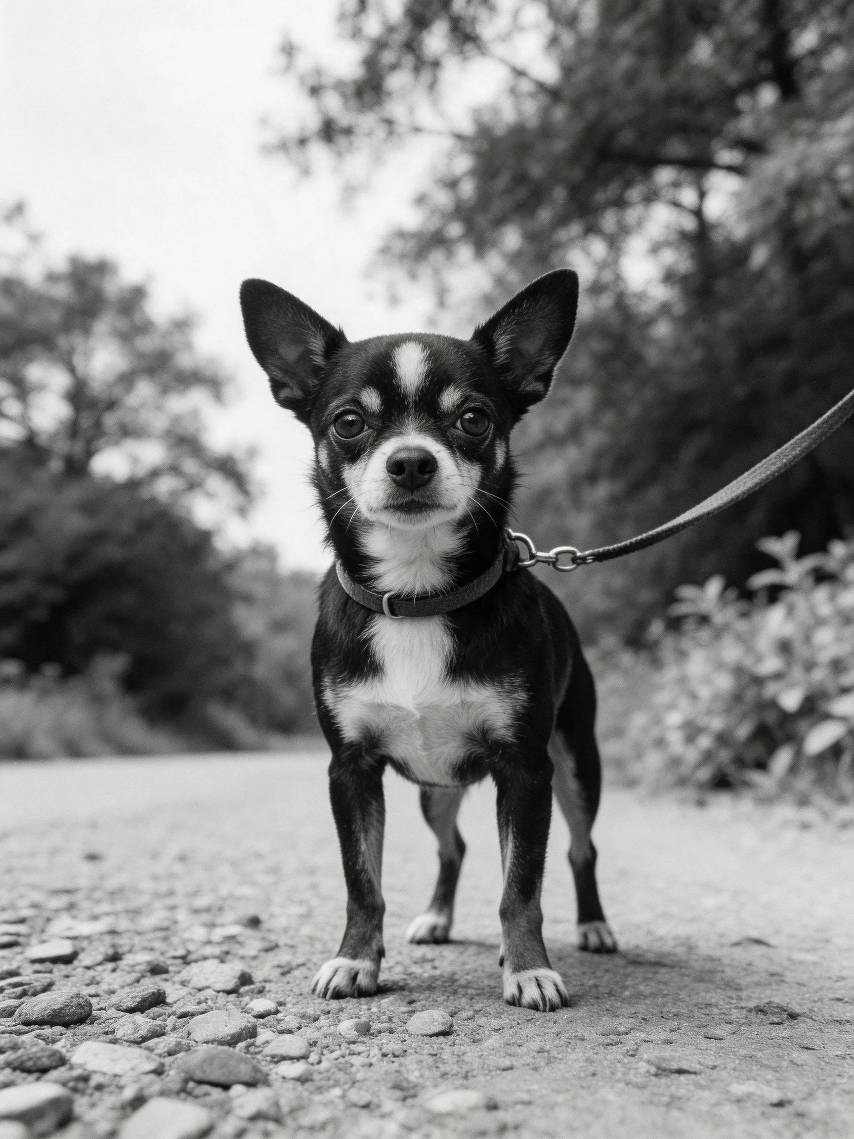 A small black and white dog stands on a gravel path near trees.