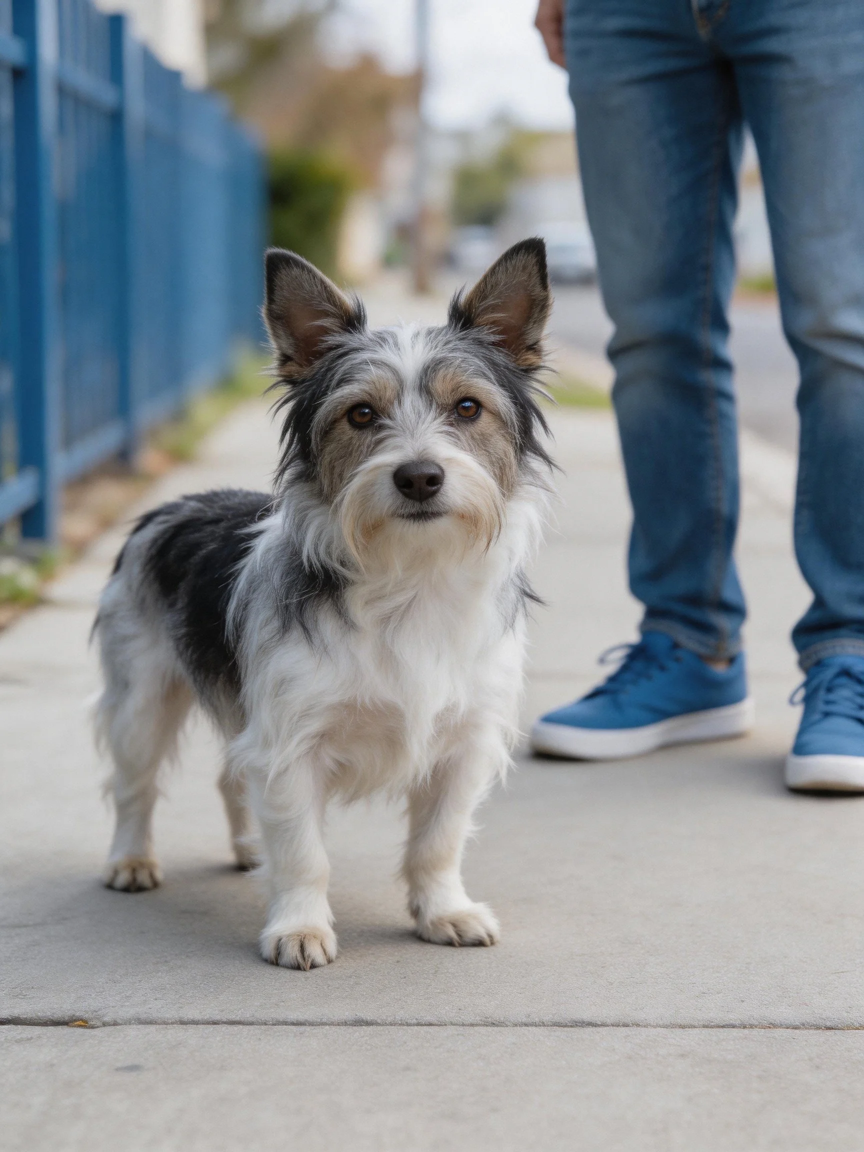 A small dog stands on a sidewalk near a person in blue jeans