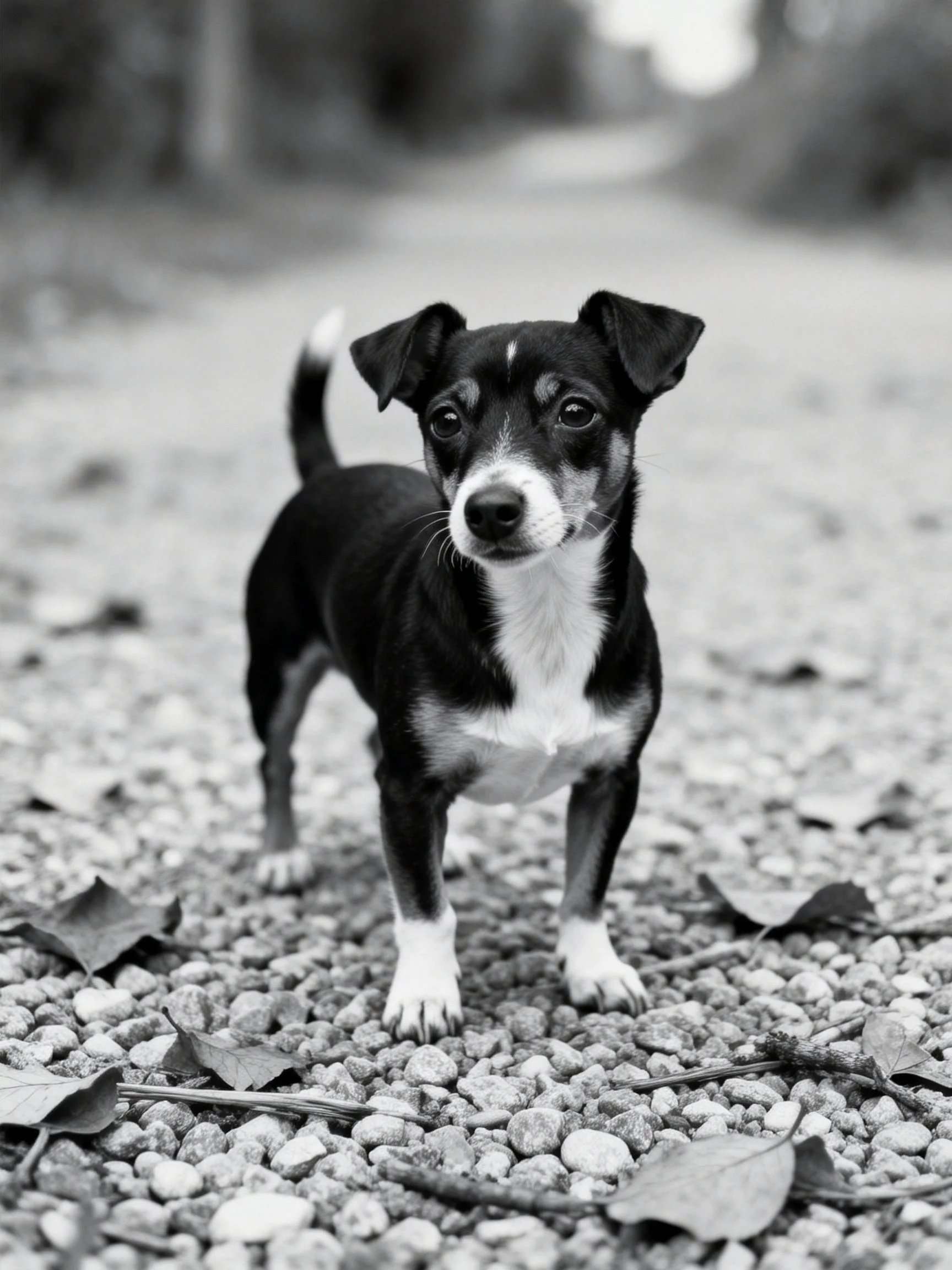 A small black-and-white dog stands on a gravel path with scattered leaves