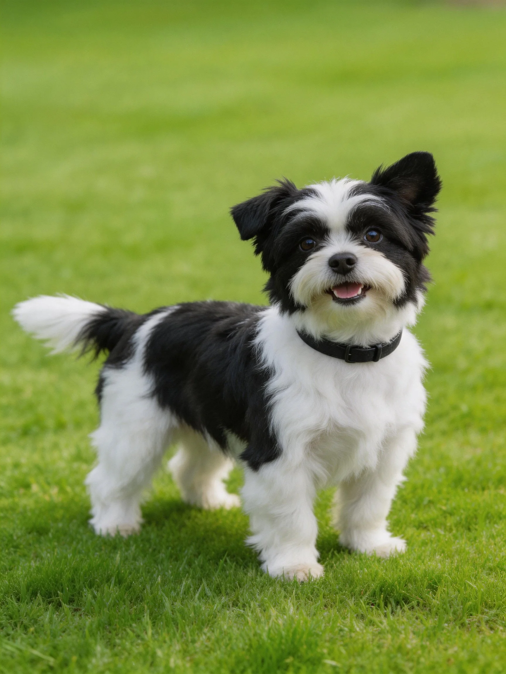 A small black and white dog stands happily on green grass.