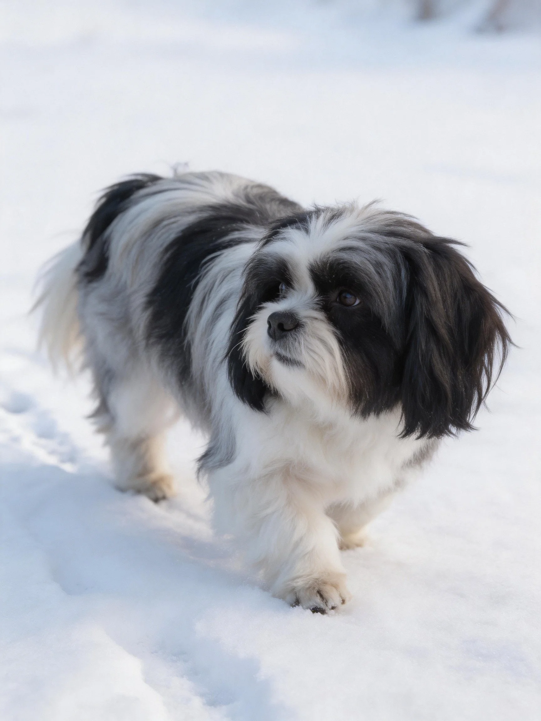 A small black-and-white dog walks through bright snow, leaving footprints.