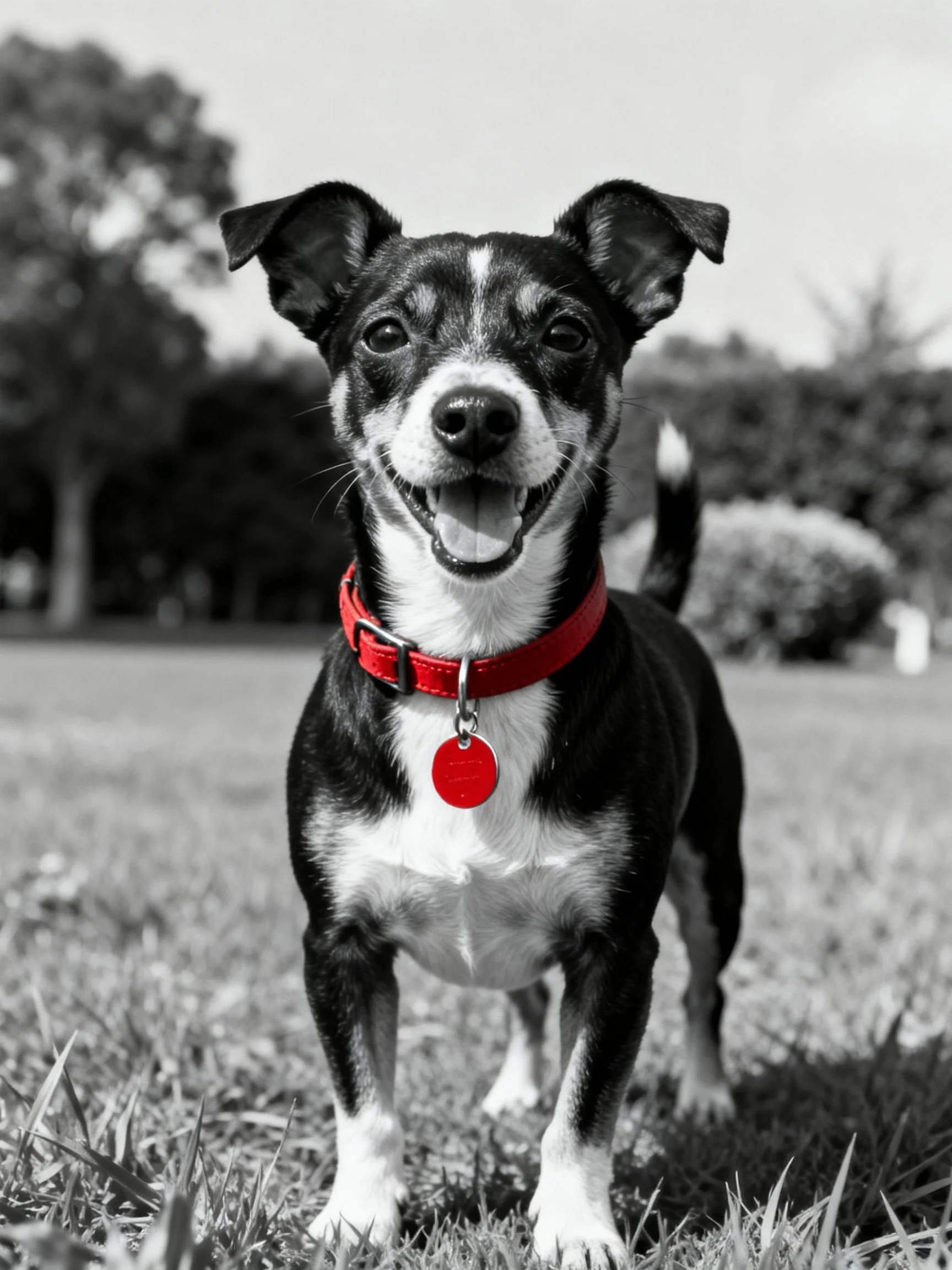 A black and white dog with a red collar stands happily in an outdoor environment.