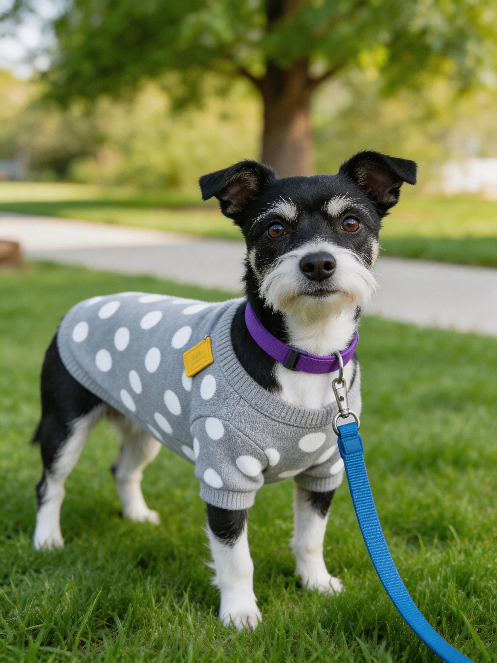 A small black-and-white dog stands on grass in a gray polka-dot sweater.