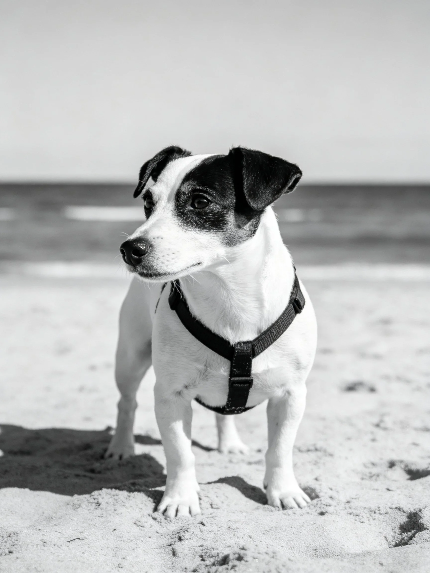 A small black and white dog with a harness stands on sandy beach near the ocean.